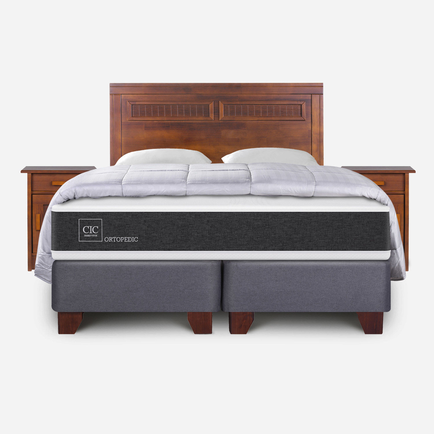 Box Spring 2 Plazas Ortopedic Base Dividida + Set Mil&aacute;n Caramel Almohadas + Plum&oacute;n Plumas