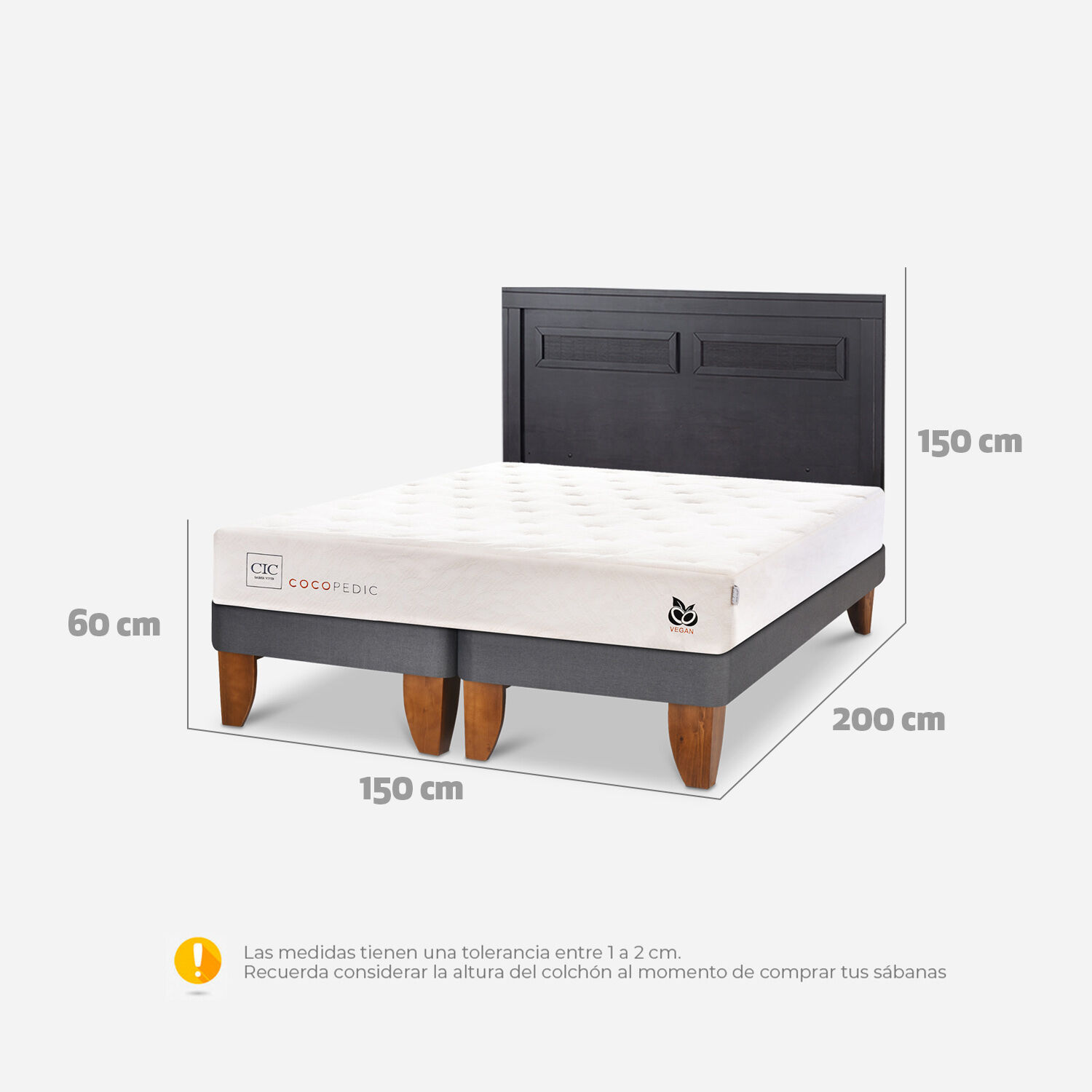 Cama Europea 2 Plazas Cocopedic Base Dividida + Respaldo Milán Negro