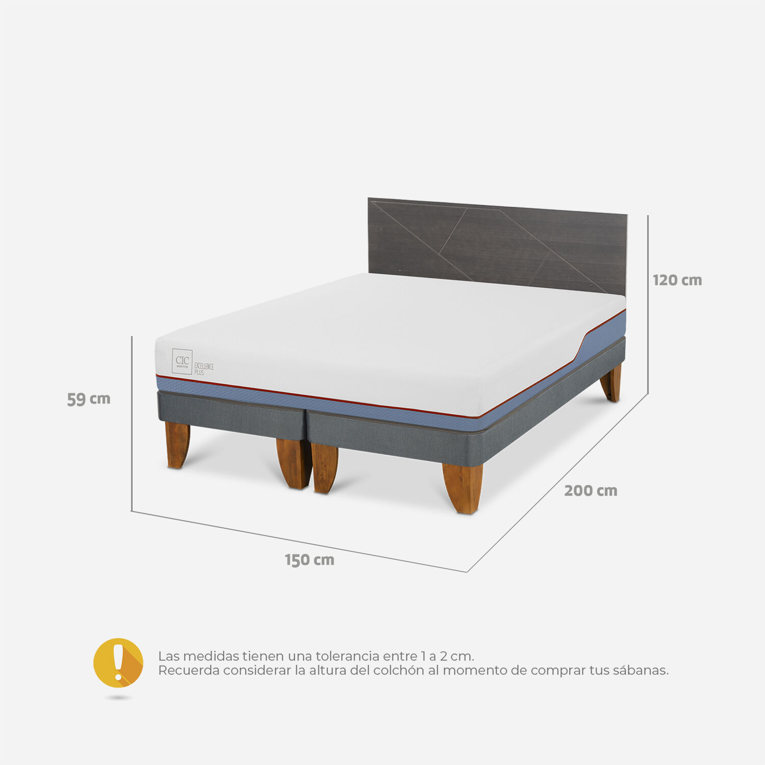 Cama Europea 2 Plazas Excellence Base Dividida + Respaldo Villarrica Gris