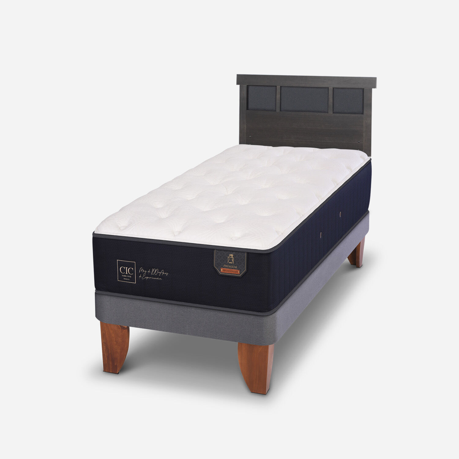 Cama Europea 1,5 Plazas Premium + Respaldo Dubl&iacute;n Gris