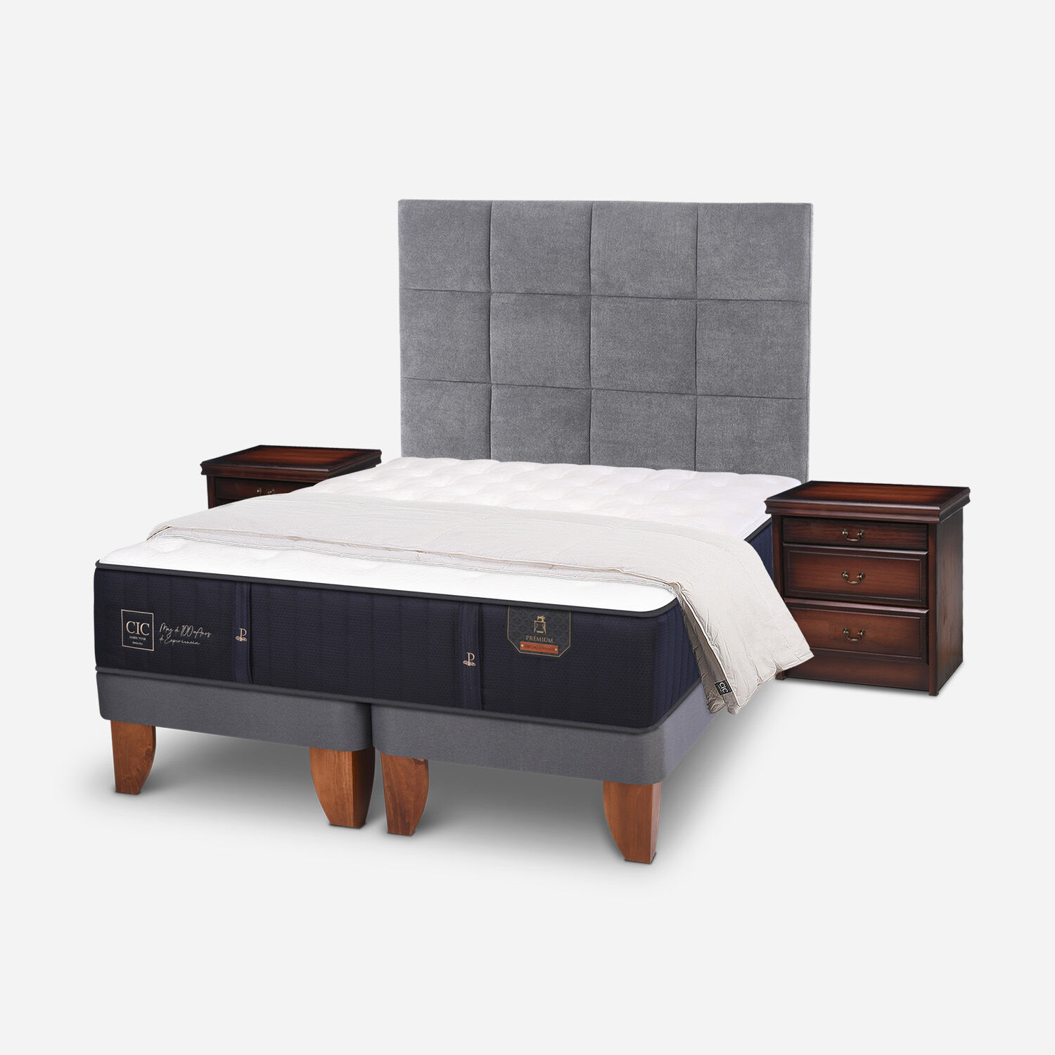 Cama Europea 2 Plazas Base Dividida Premium + Set Támesis + Almohadas 15% Pluma de Ganso