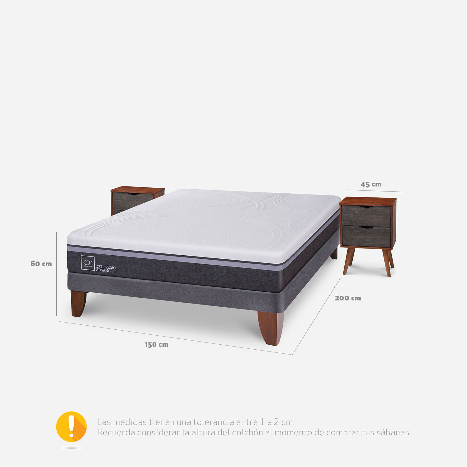 Cama Europea 2 Plazas Base Normal Ortopedic Advance + Veladores Níger