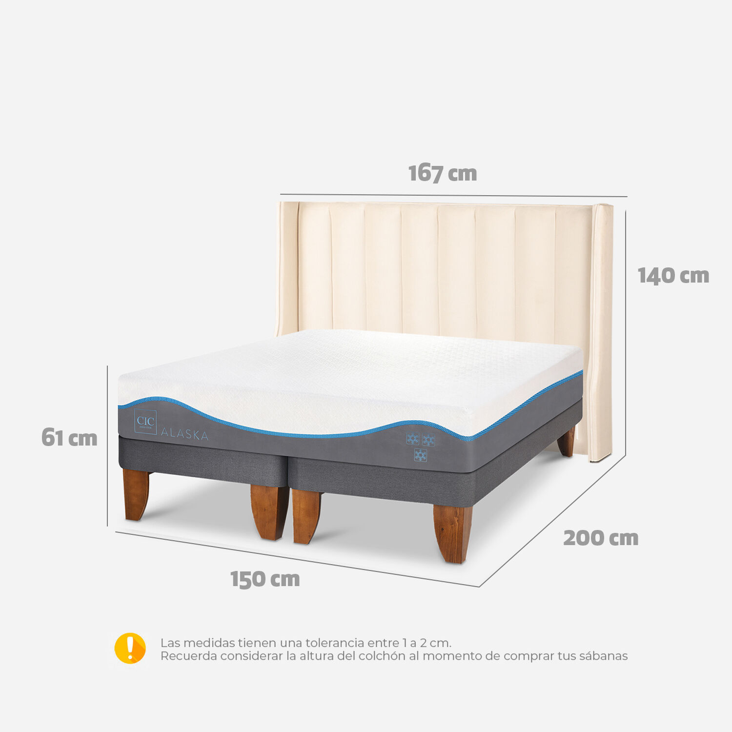 Cama Europea 2 Plazas Alaska Base Dividida + Respaldo Panaro