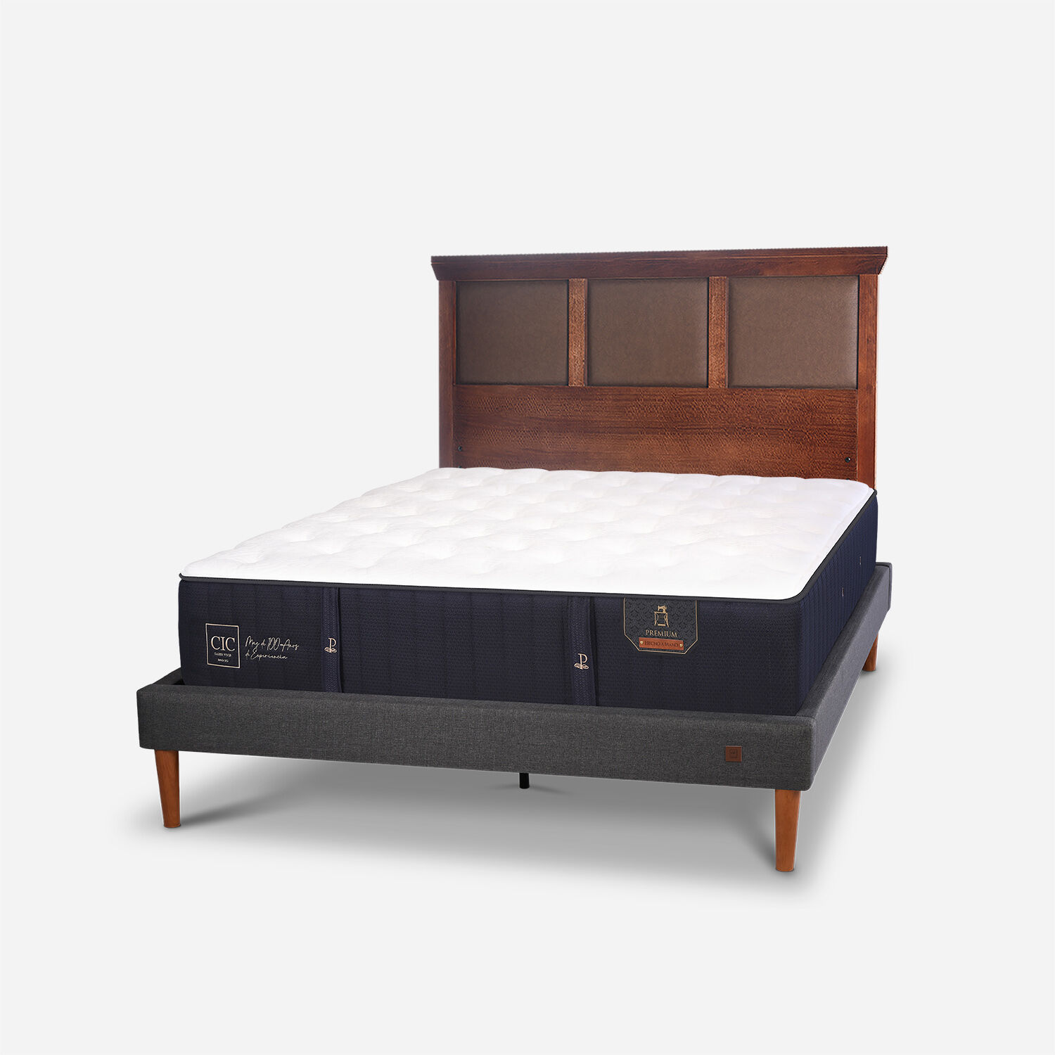 Cama Europea Curve 2 Plazas Premium + Respaldo Torino Caramel