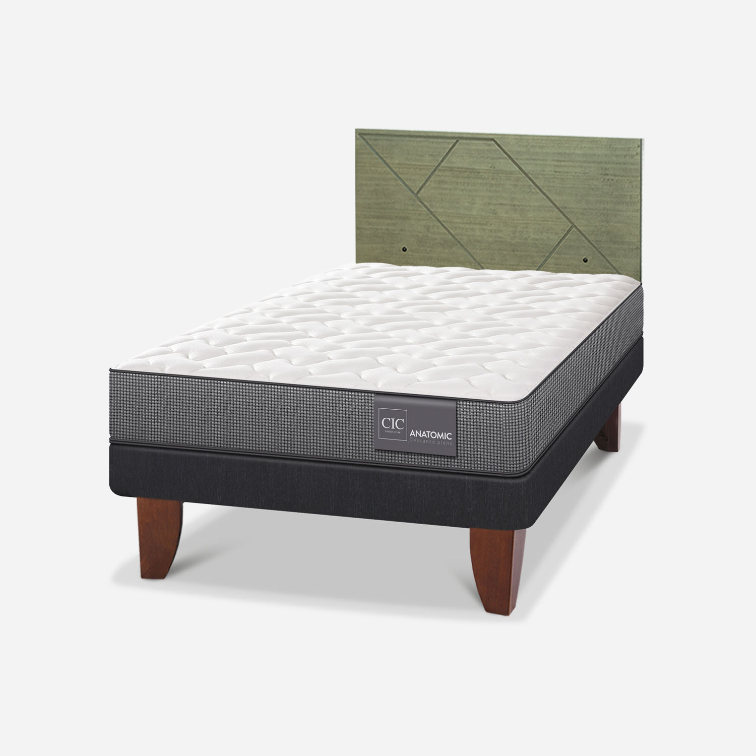 Cama Europea 1,5 Plazas Anatomic + Respaldo Villarrica Olivo