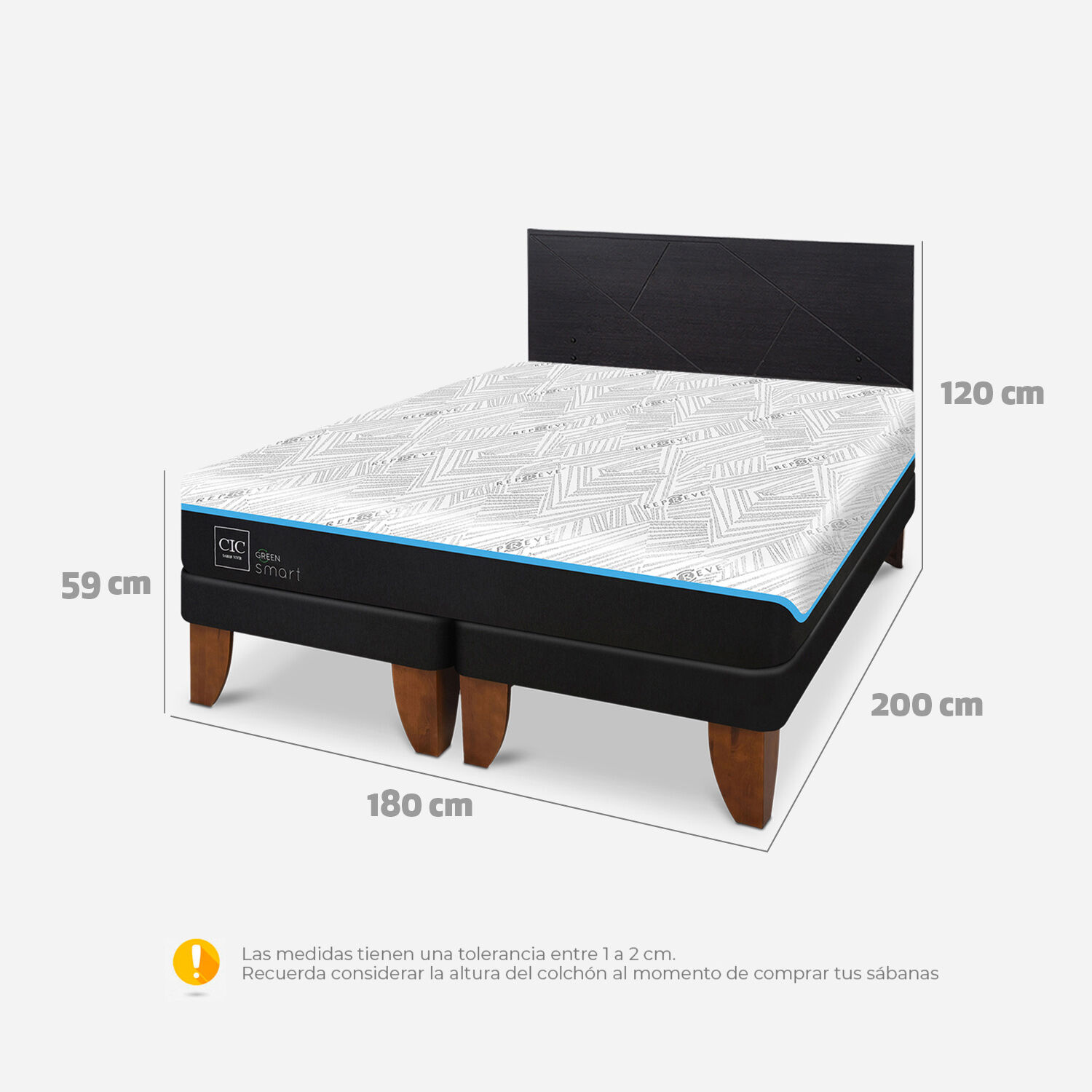 Cama Europea King Green Infinity + Respaldo Villarrica Negro