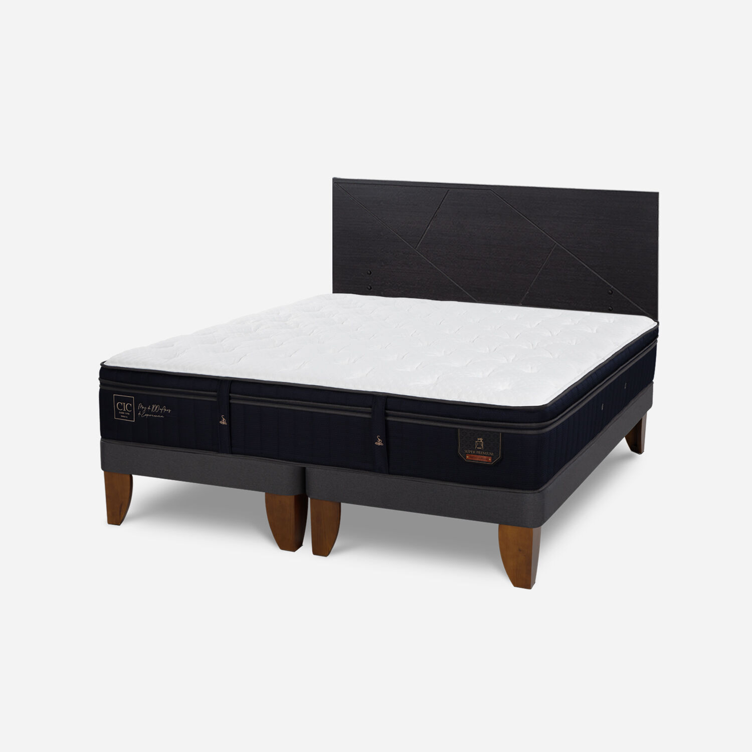 Cama Europea 2 Plazas Super Premium Base Dividida + Respaldo Villarrica Negro