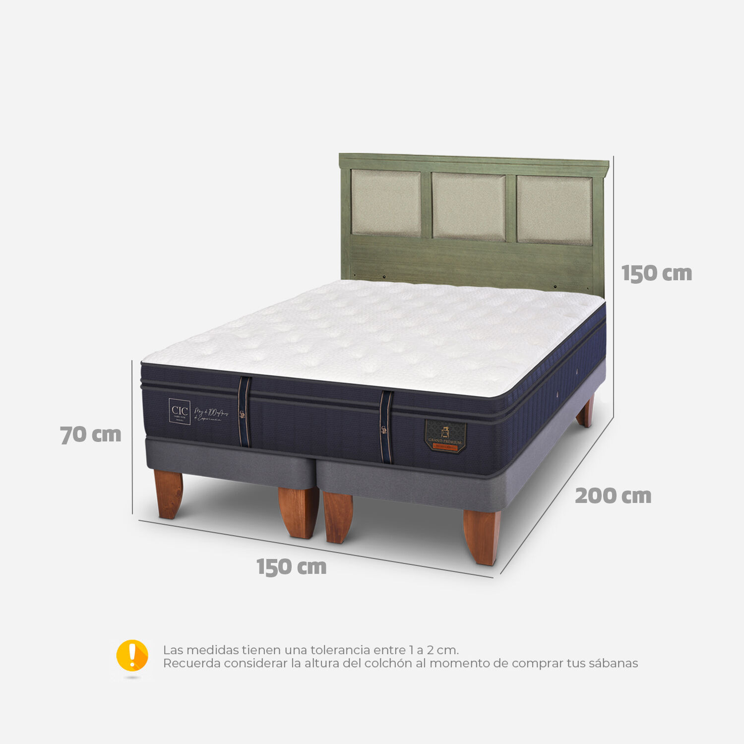 Cama Europea 2 Plazas Grand Premium Base Dividida + Respaldo Torino Olivo