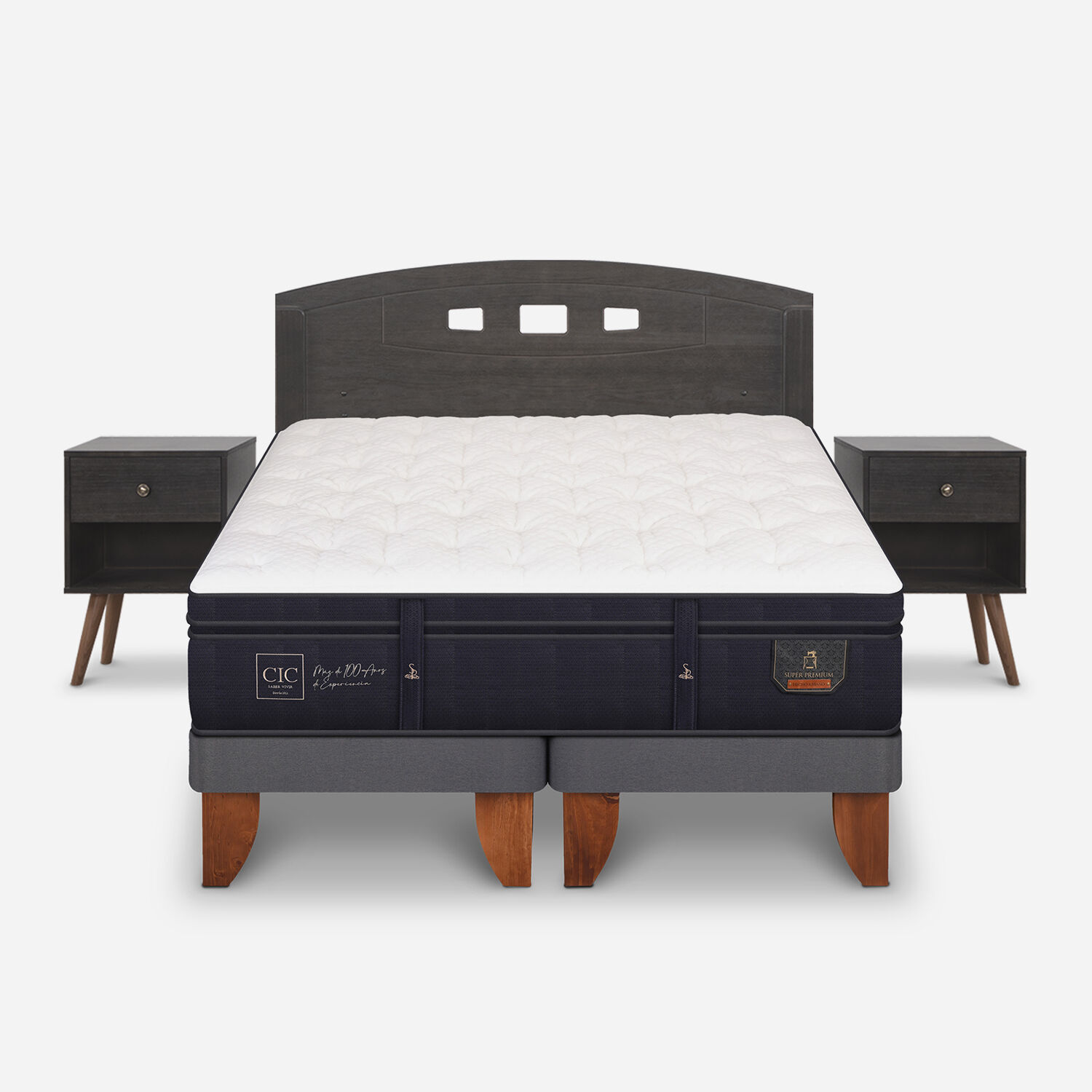 Cama Europea 2 Plazas Super Premium Base Dividida + Set Gales Gris