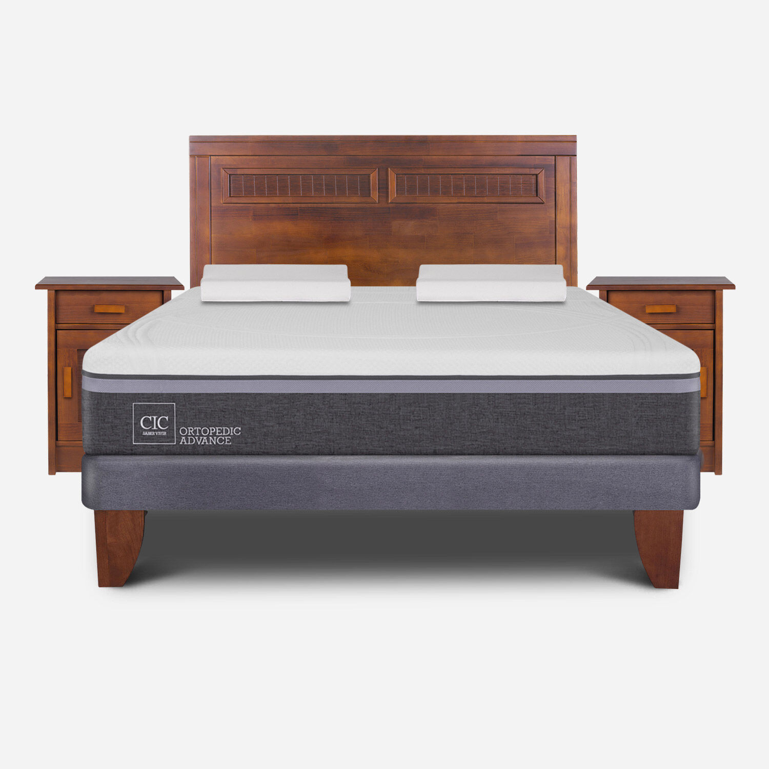 Cama Europea 2 Plazas Ortopedic Advance Base Normal + Set Milán Caramel + Almohadas Viscoelásticas