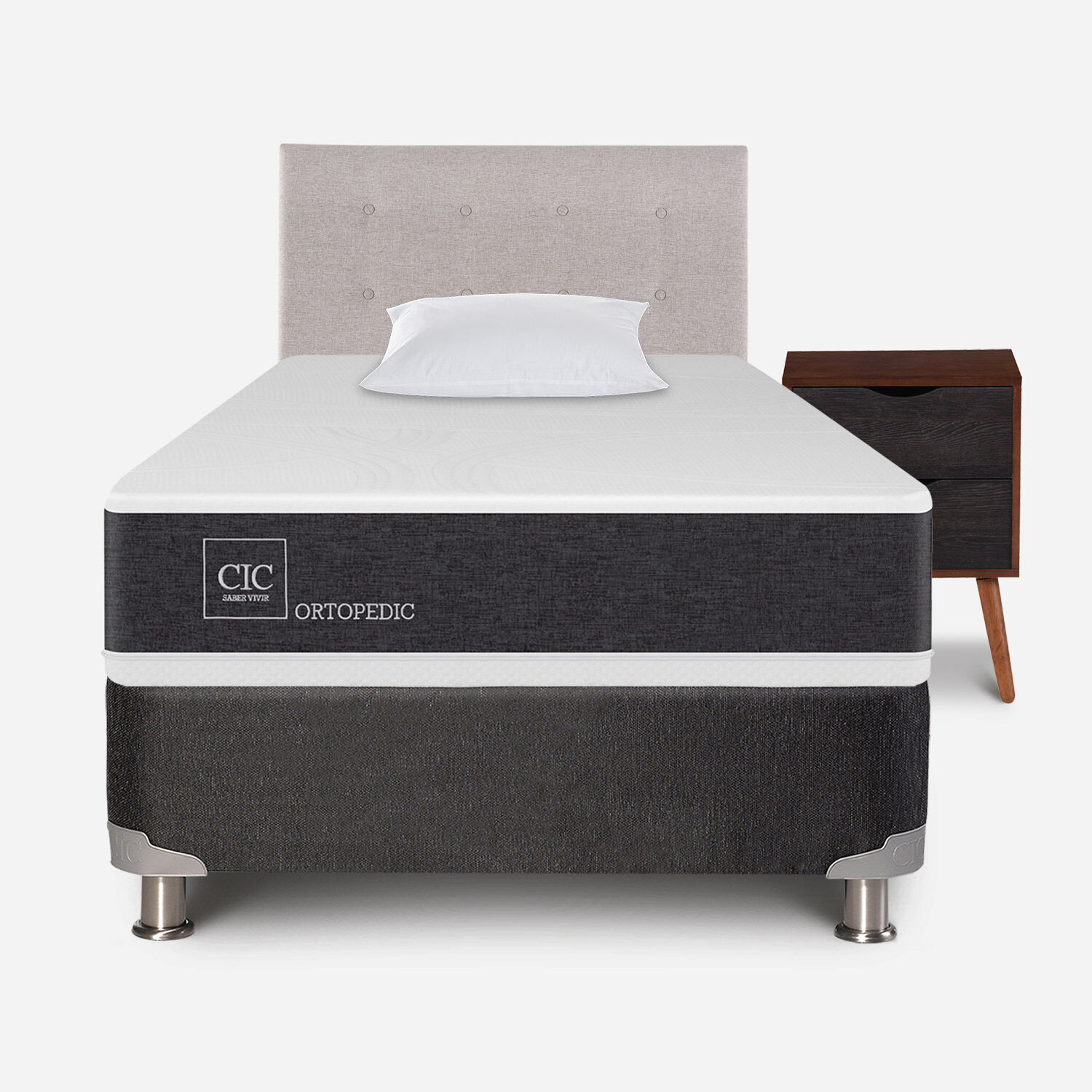 Box Spring 1,5 Plazas Ortopedic 5 Zonas + Almohada Viscoel&aacute;stica + Set Tigris