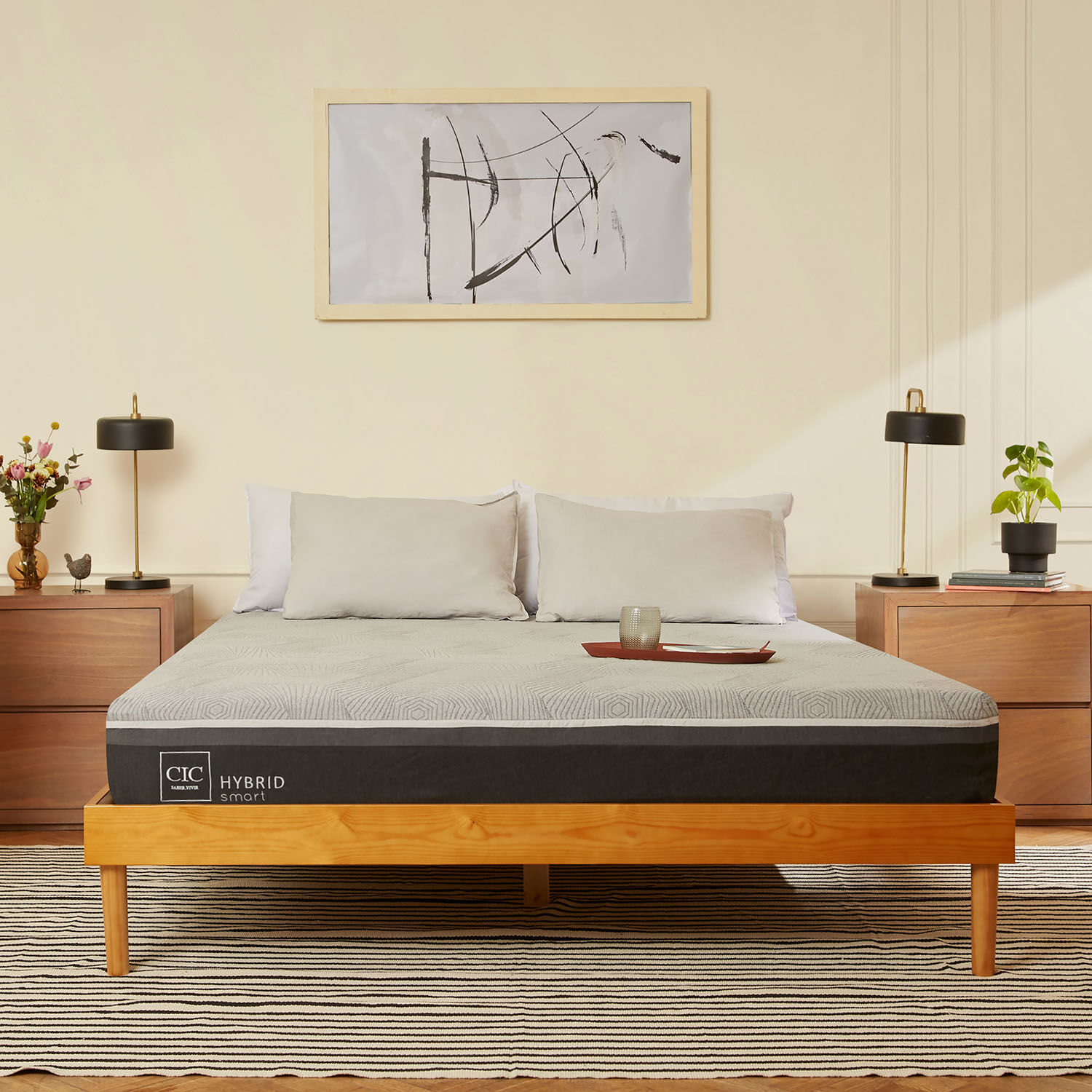 Cama Europea 2 Plazas Hybrid + Set Villarrica Gris