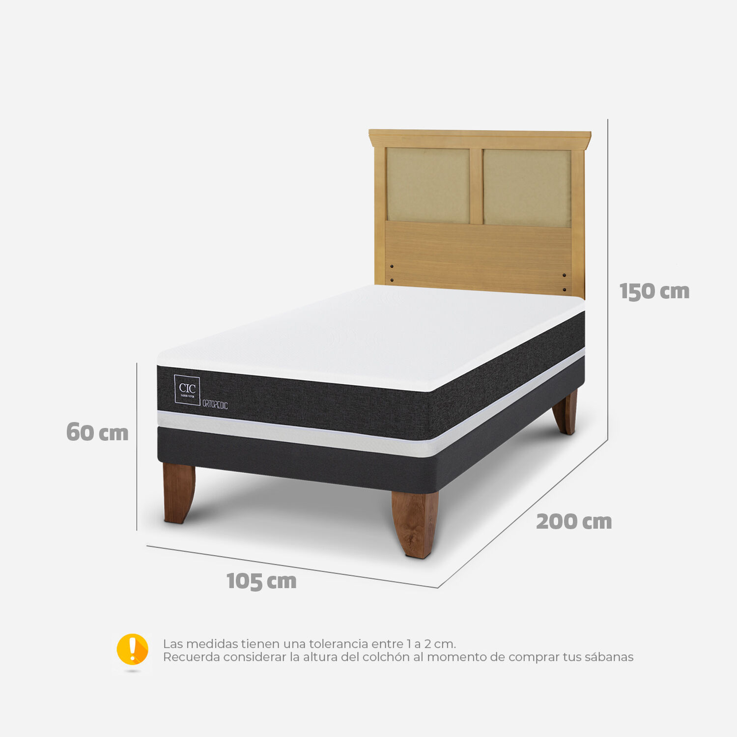 Cama Europea 1,5 Plazas Ortopedic + Respaldo Torino Mostaza