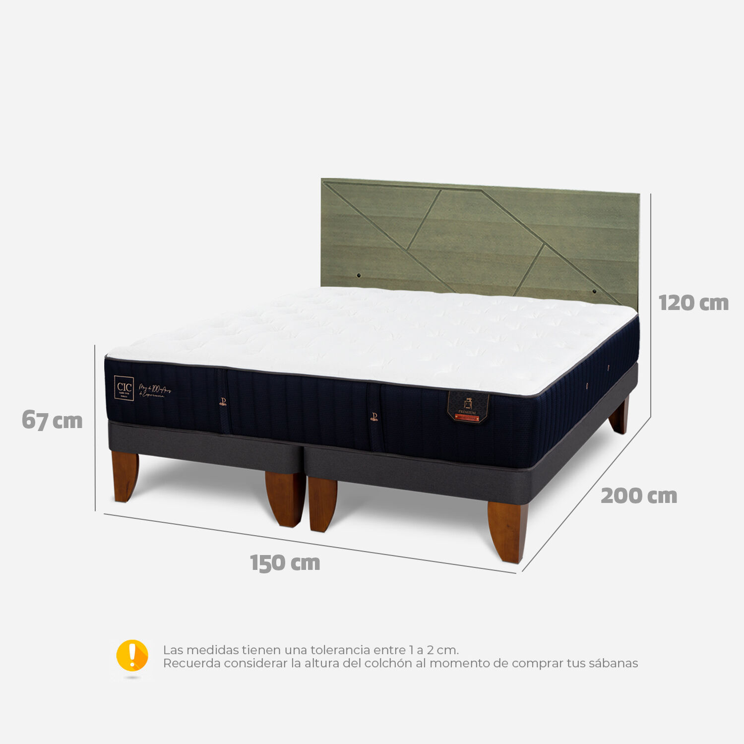 Cama Europea 2 Plazas Premium Base Dividida + Respaldo Villarrica Olivo