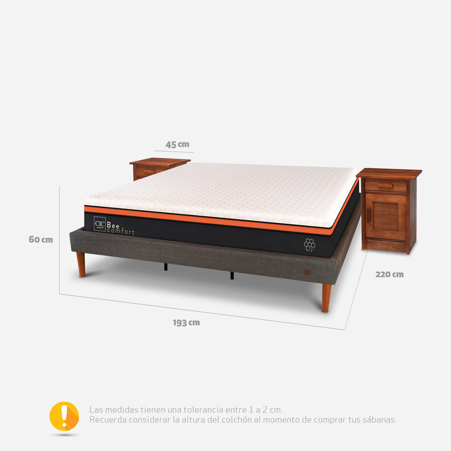 Cama Europea Curve King Bee Comfort + Veladores Mil&aacute;n Caramel