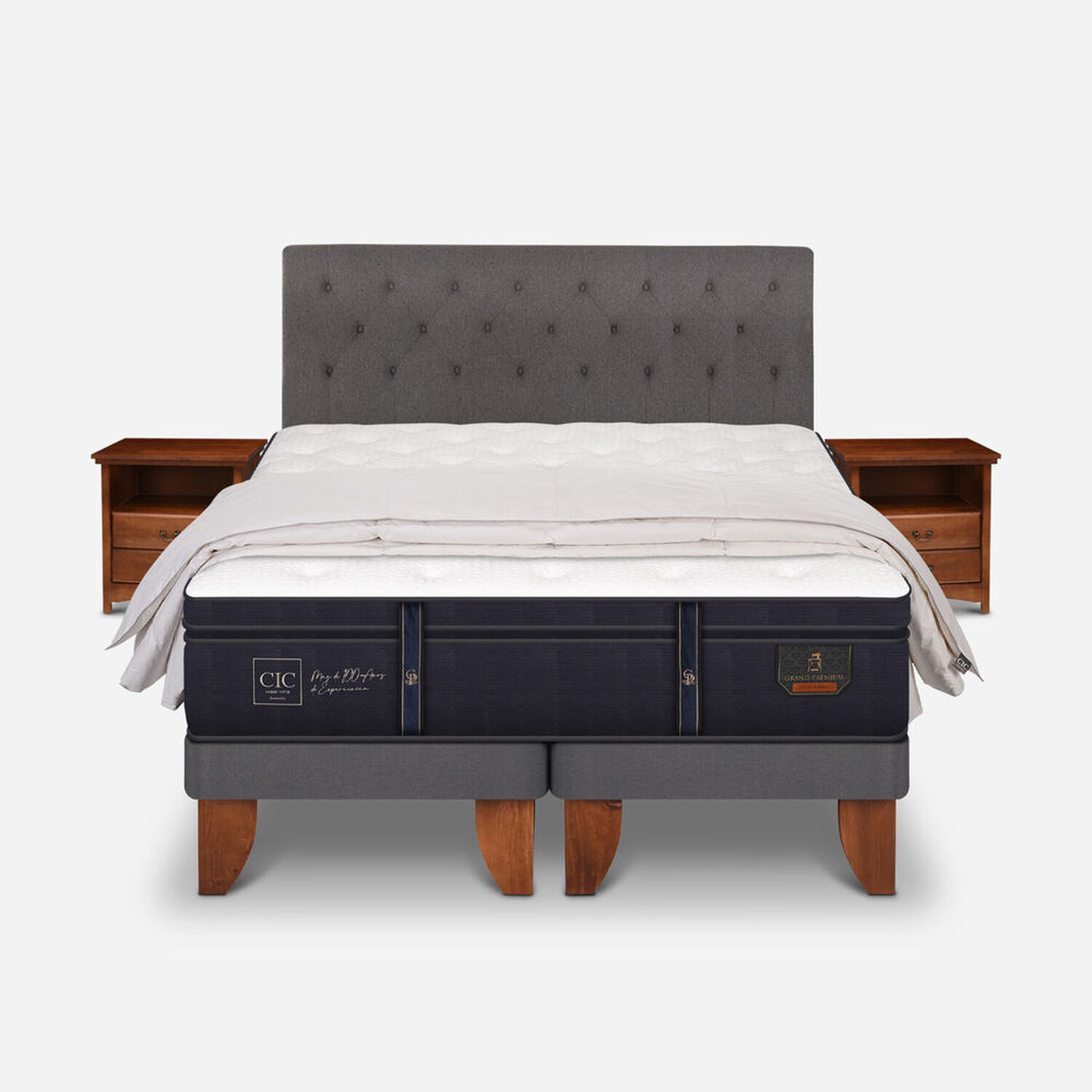 Cama Europea King Grand Premium + Set Kavery + Plum&oacute;n 100% Pluma de Ganso