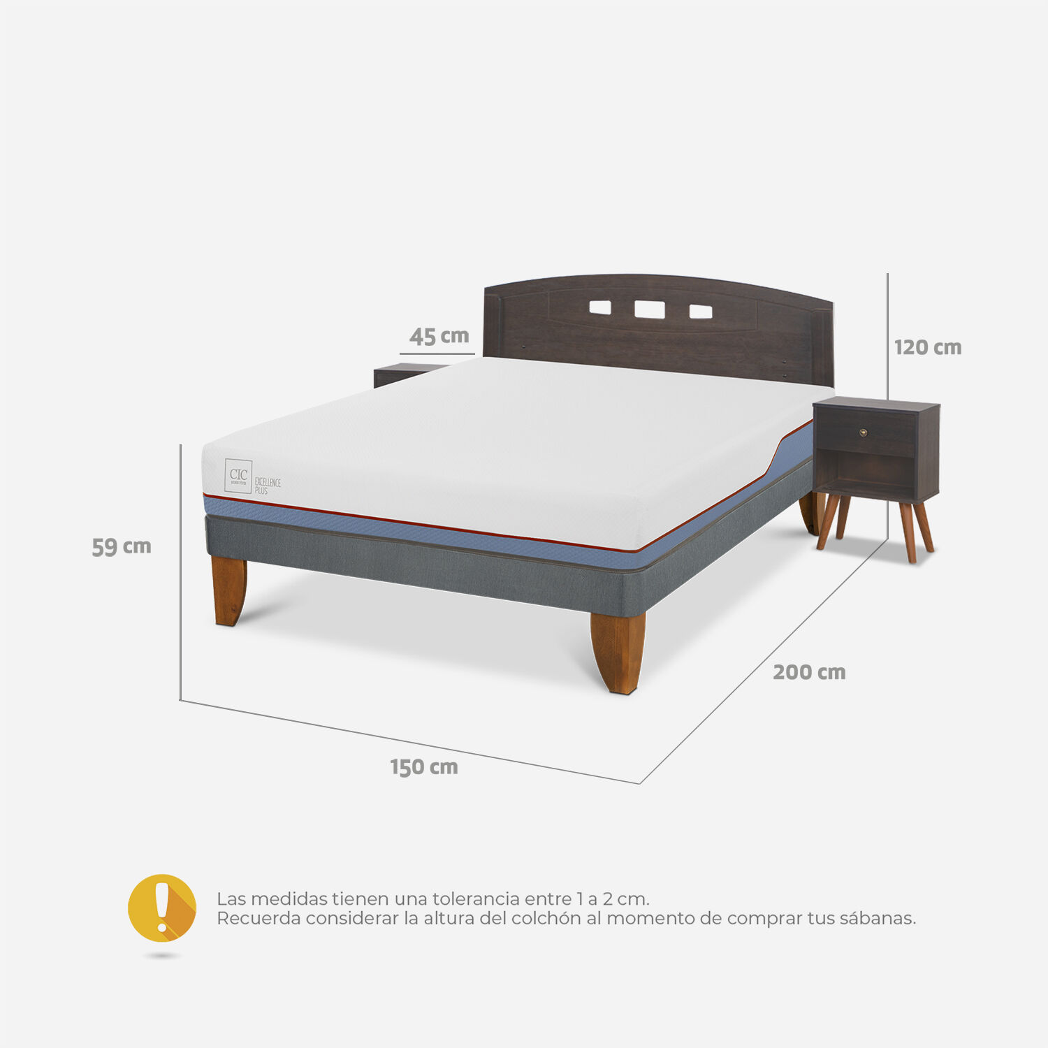 Cama Europea 2 Plazas Excellence Plus Base Normal + Set Gales Gris