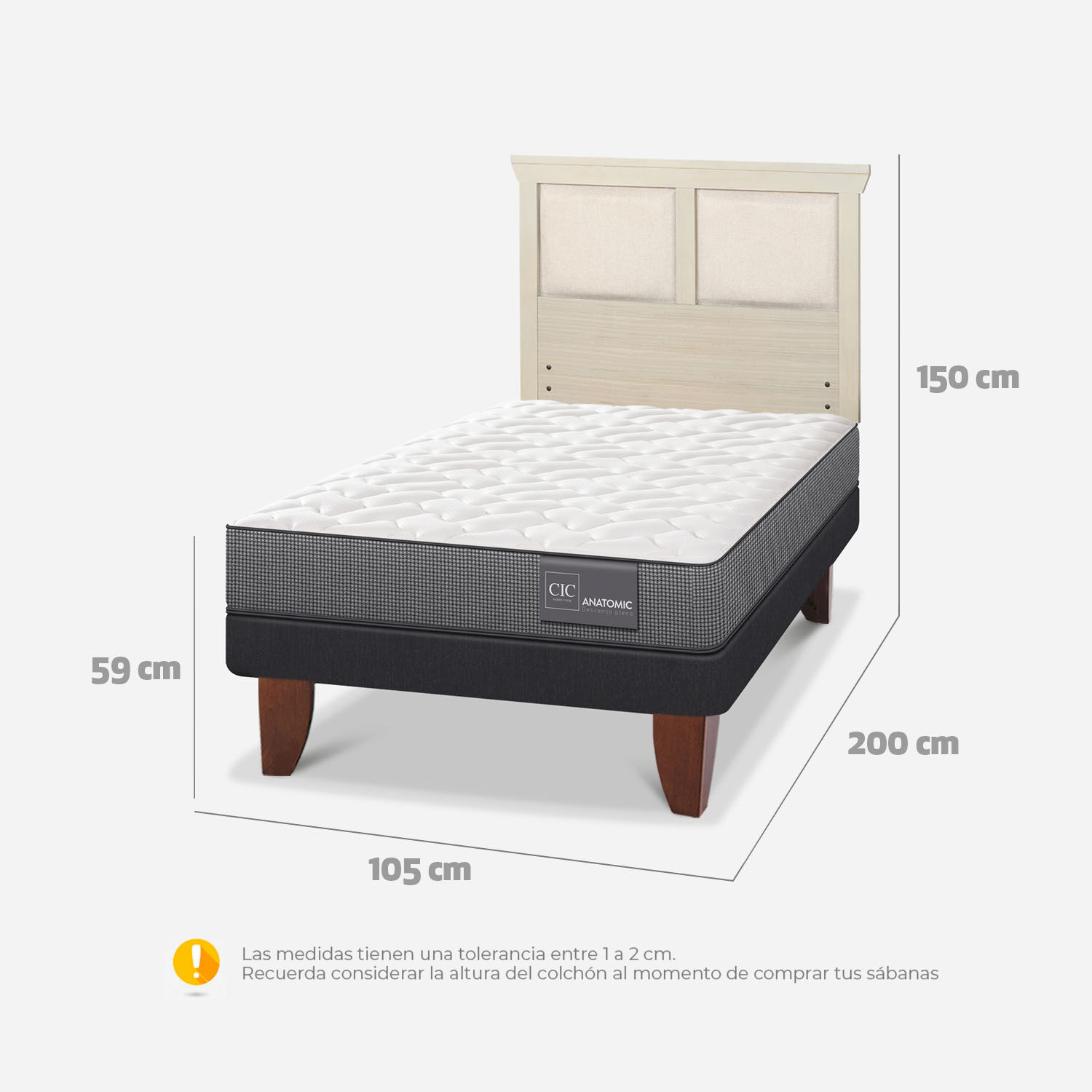Cama Europea 1,5 Plazas Anatomic + Respaldo Torino Alpino