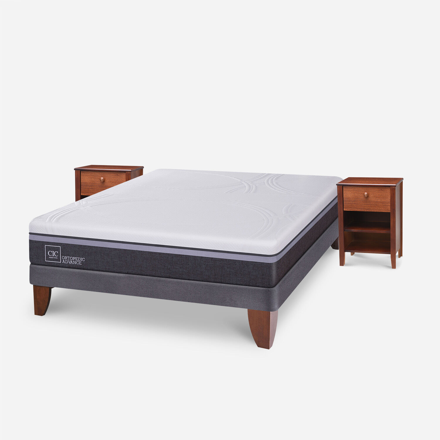 Cama Europea 2 Plazas Ortopedic Advance Base Normal + Veladores Torino Caramel