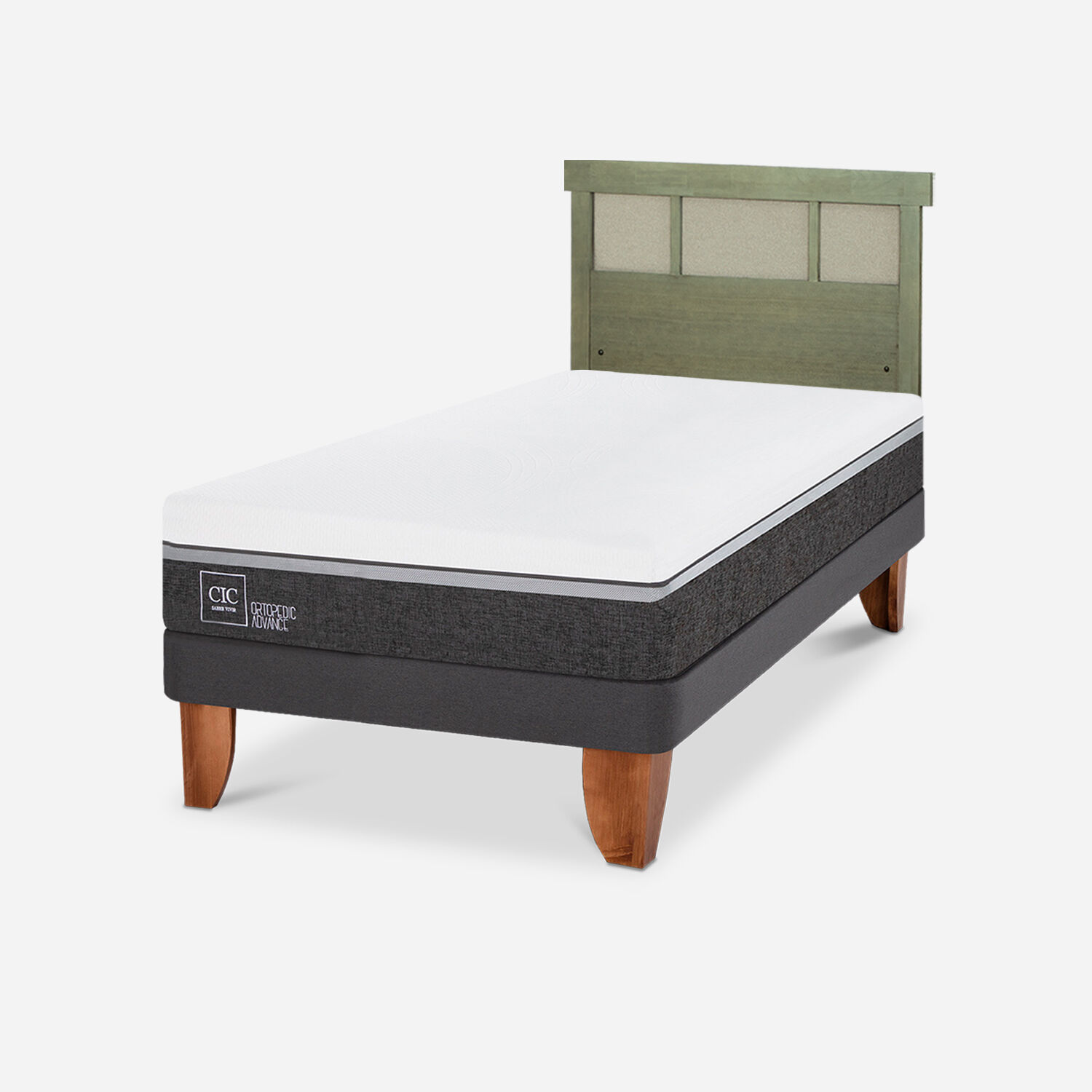 Cama Europea 1,5 Plazas Ortopedic Advance + Respaldo Dubl&iacute;n Olivo