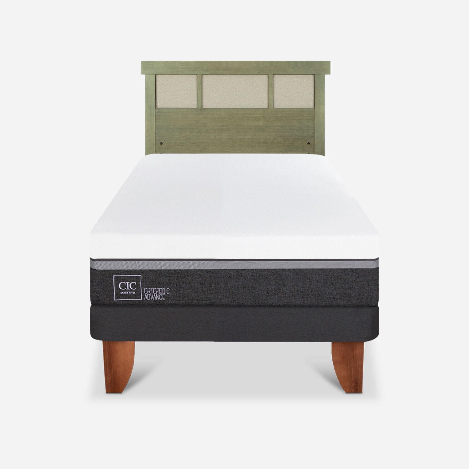 Cama Europea 1,5 Plazas Ortopedic Advance + Respaldo Dublín Olivo