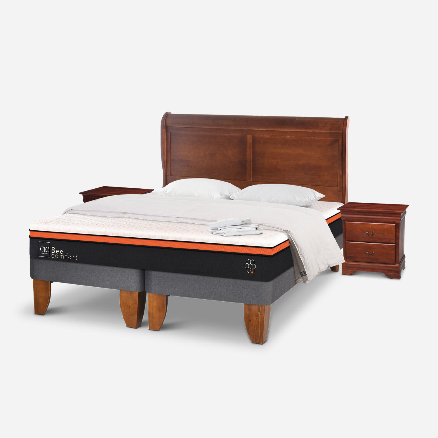 Cama Europea 2 Plazas Bee Comfort + Set Miro + Pack Almohadas Fibra + Plumón + Sabanas