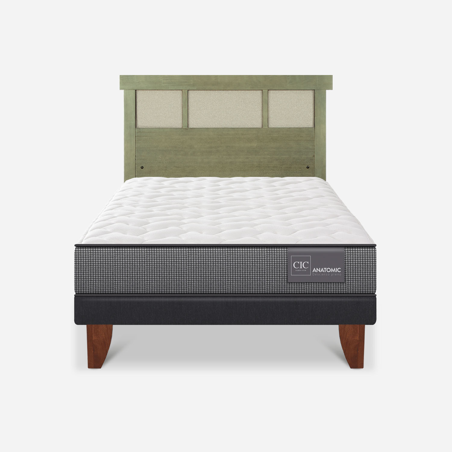 Cama Europea 1,5 Plazas Anatomic + Respaldo Dublín Olivo