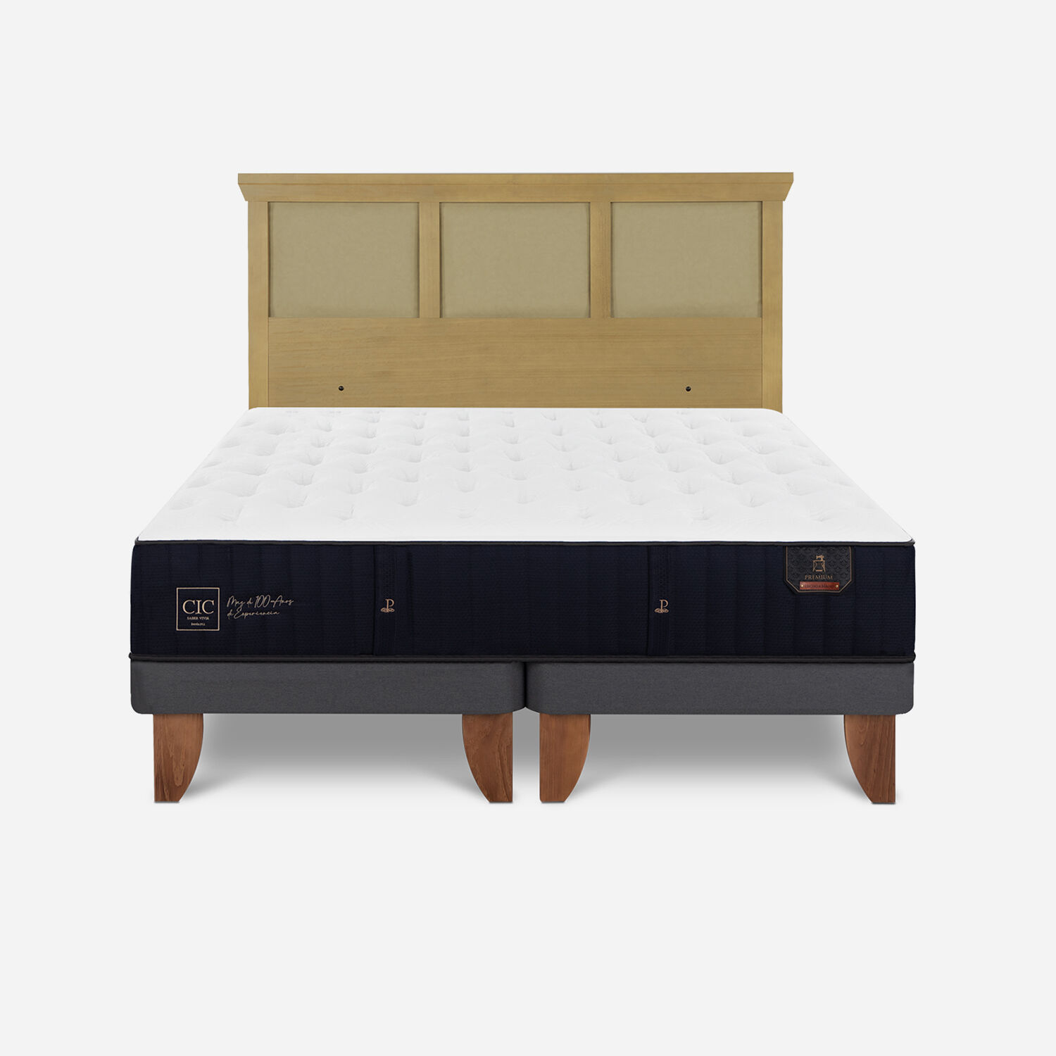 Cama Europea 2 Plazas Premium Base Dividida + Respaldo Torino Mostaza