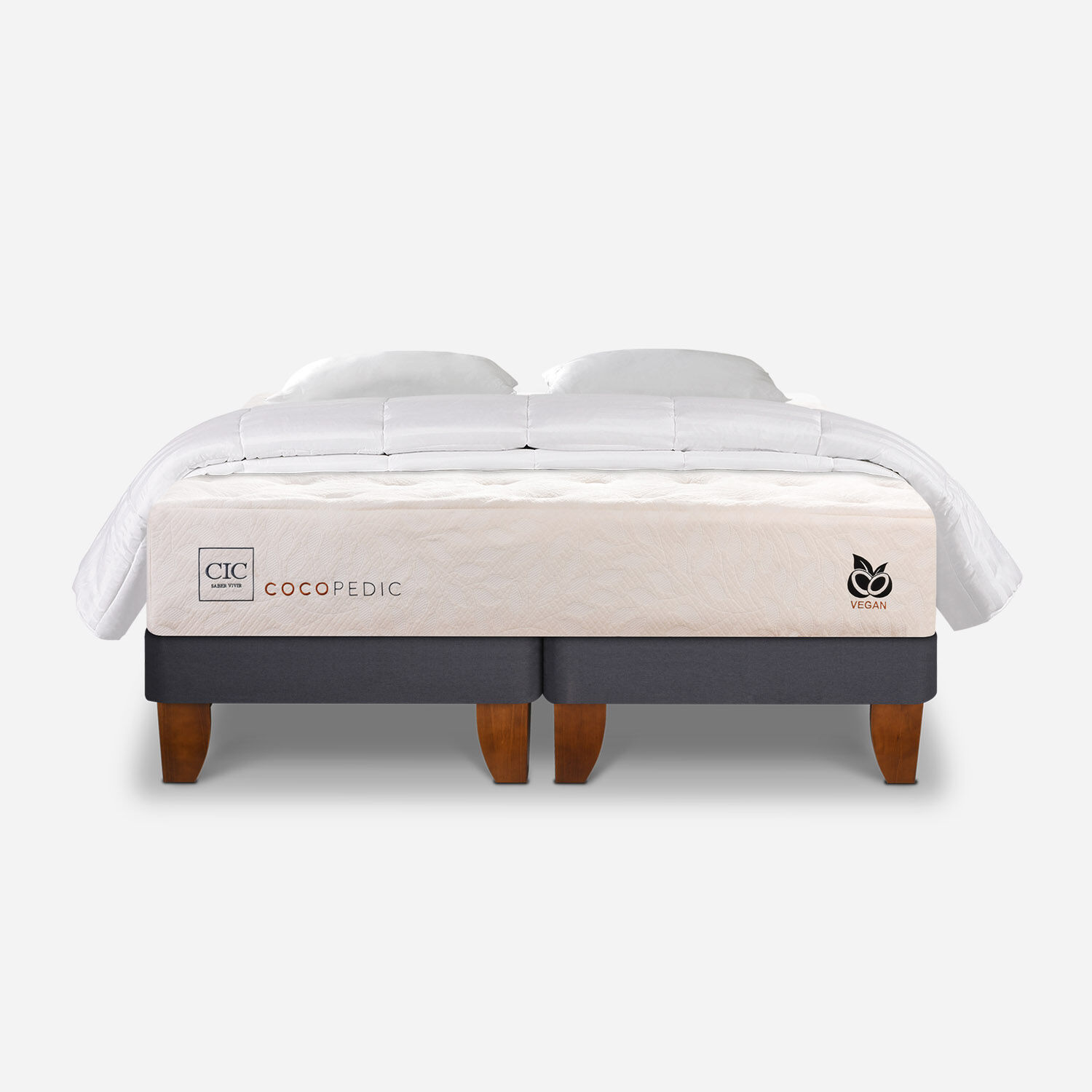 Cama Europea 2 Plazas Cocopedic Base Dividida + Almohadas + Plum&oacute;n