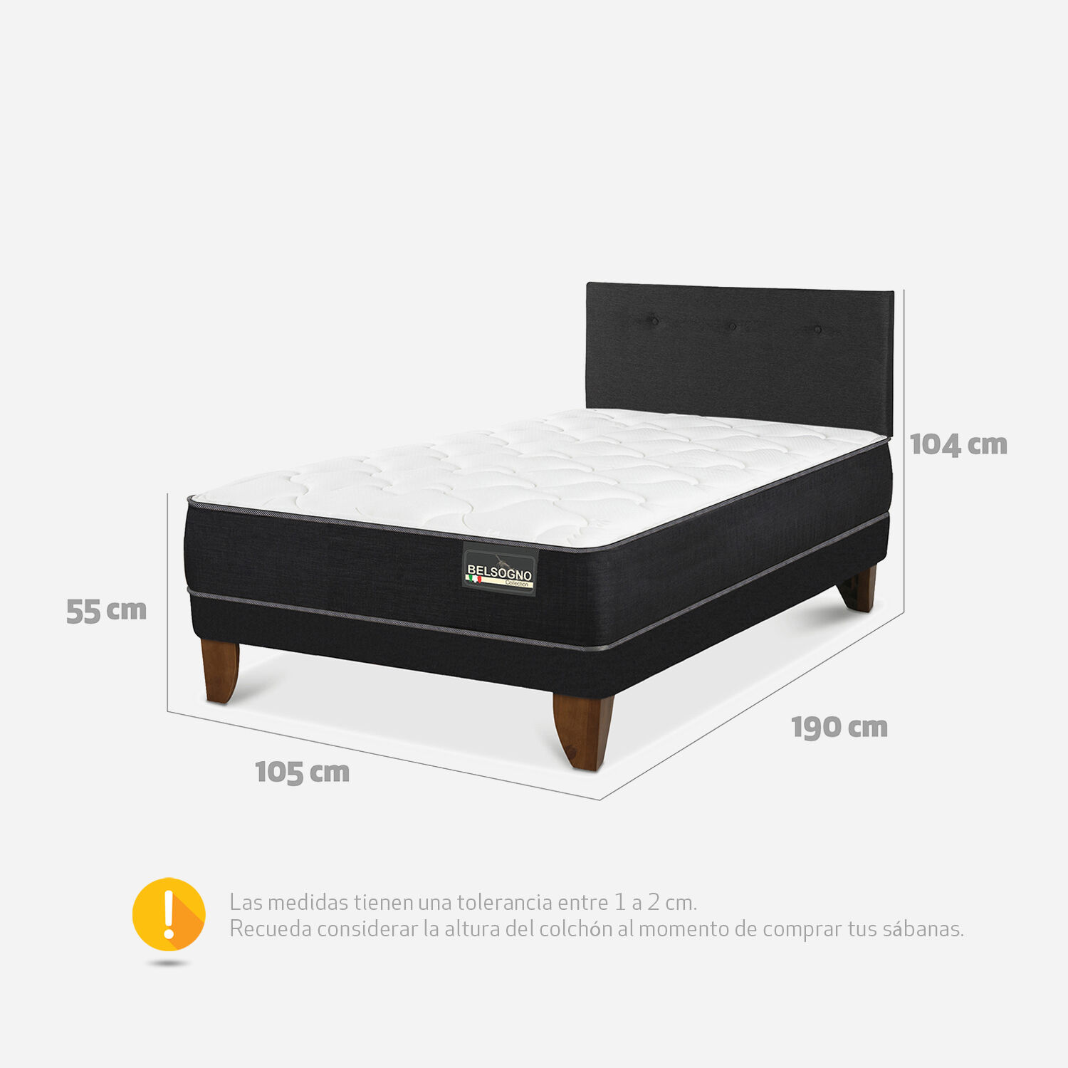 Cama Europea Belsogno 1,5 Plazas Plus Black con Respaldo Black