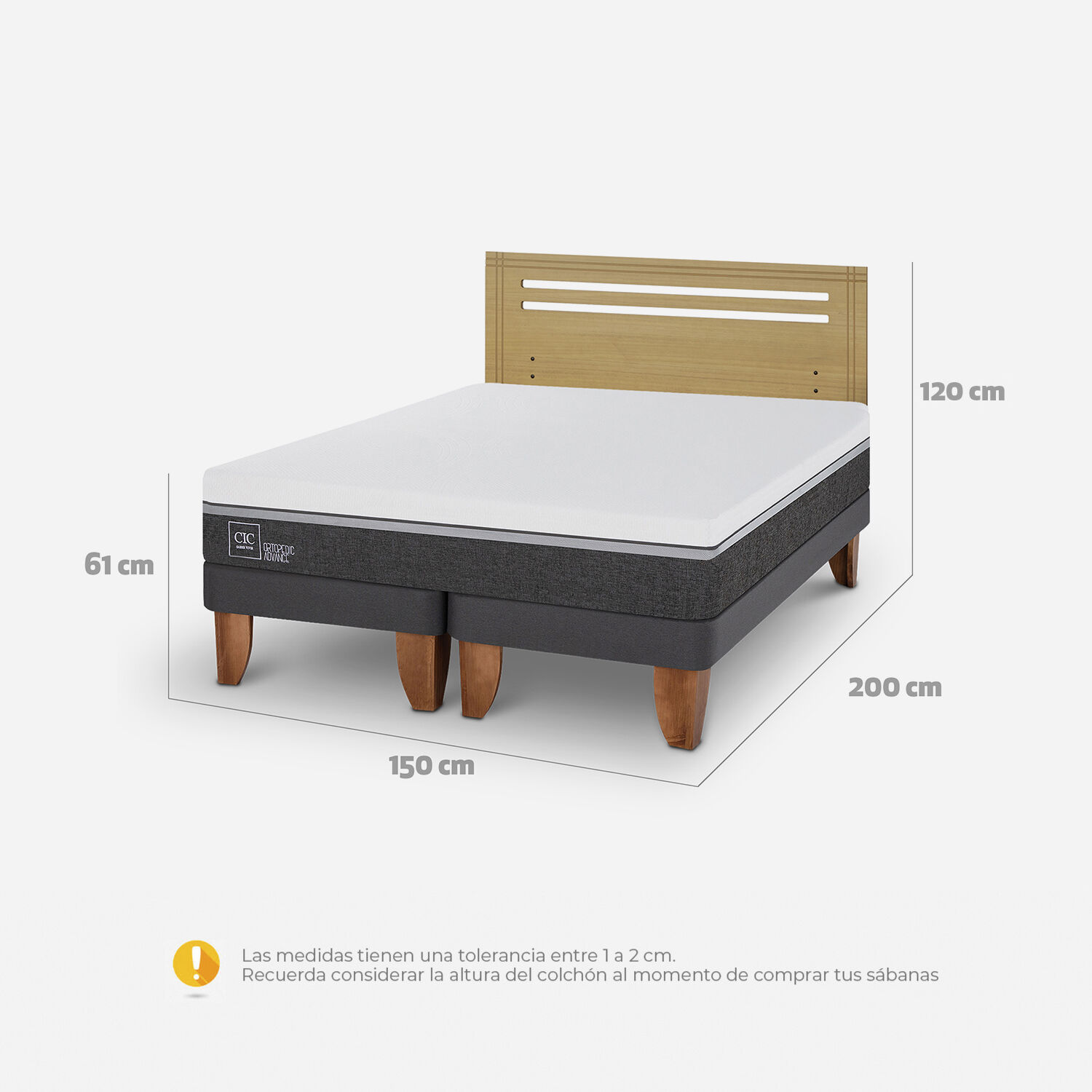 Cama Europea 2 Plazas Ortopedic Advance Base Dividida + Respaldo Múnich Mostaza