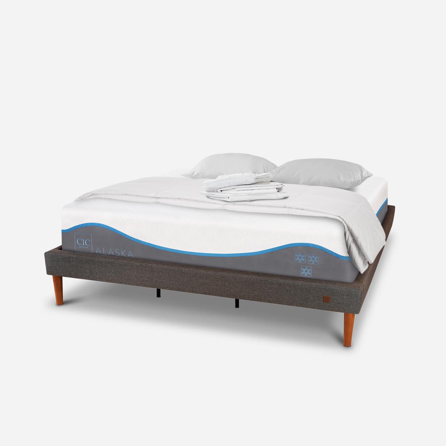 Cama Europea Curve King Alaska + Plum&oacute;n + S&aacute;banas + Almohadas Viscoel&aacute;sticass