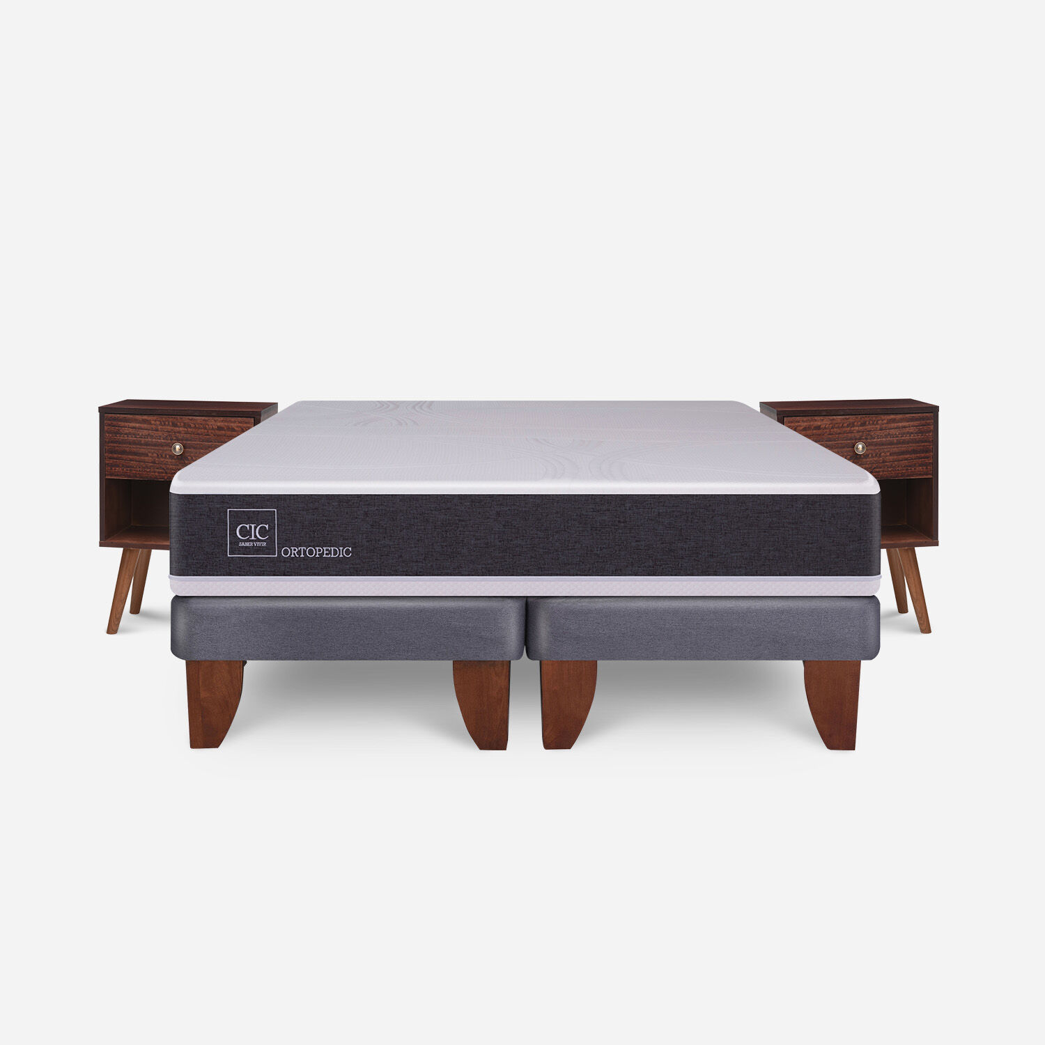 Cama Europea 2 Plazas Ortopedic Base Dividida + Veladores M&uacute;nich Chocolate