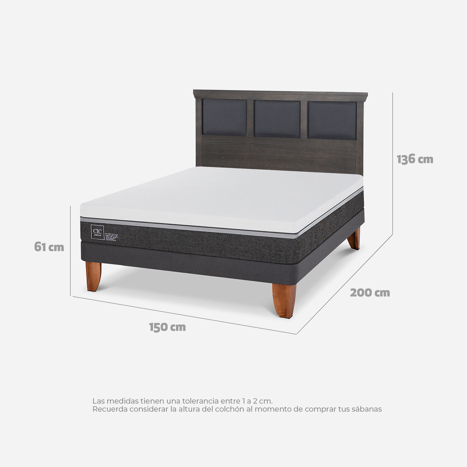Cama Europea 2 Plazas Ortopedic Advance + Respaldo Torino Gris