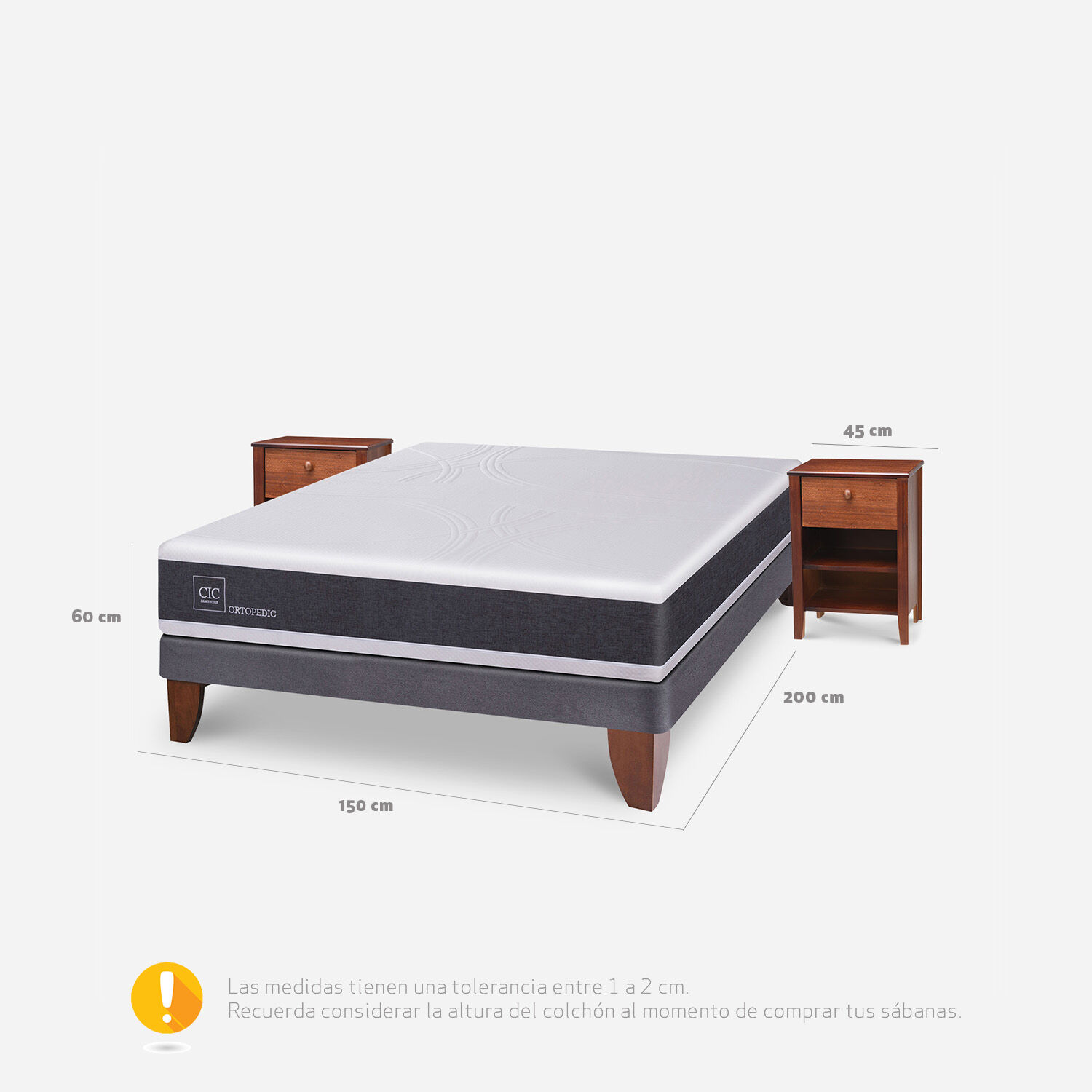 Cama Europea 2 Plazas Ortopedic Base Normal + Veladores Torino Caramel