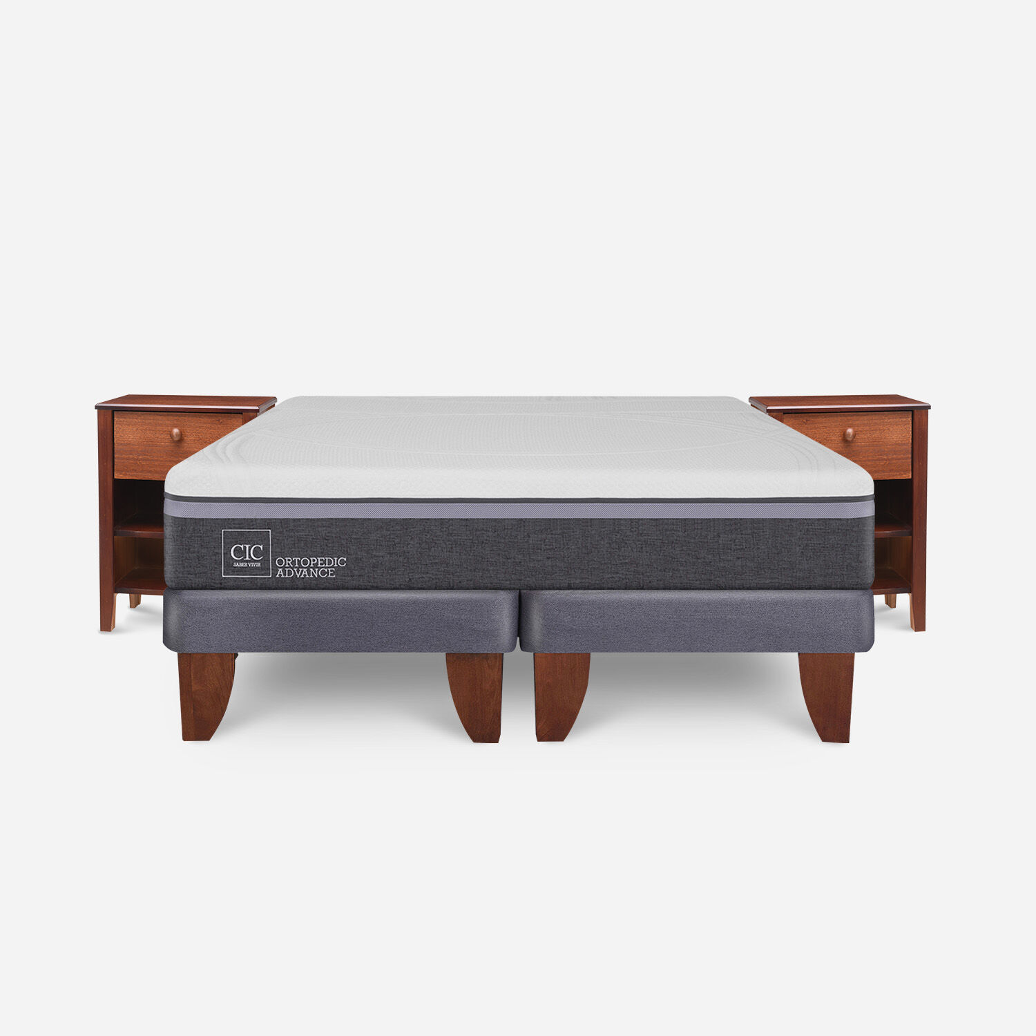 Cama Europea 2 Plazas Ortopedic Advance Base Dividida + Veladores Torino Caramel