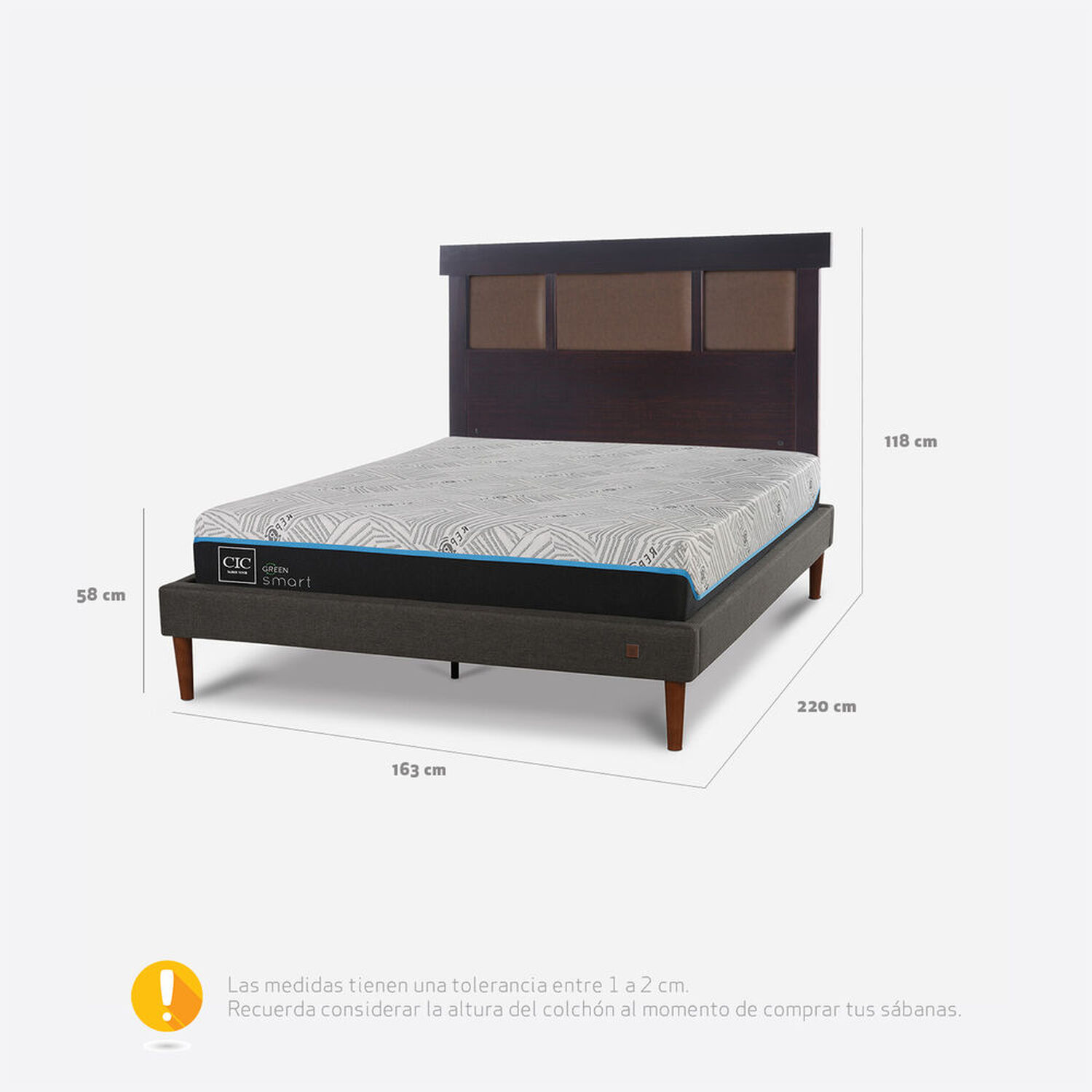 Cama Europea Curve 2 Plazas Smart Green + Respaldo Dublín Choc
