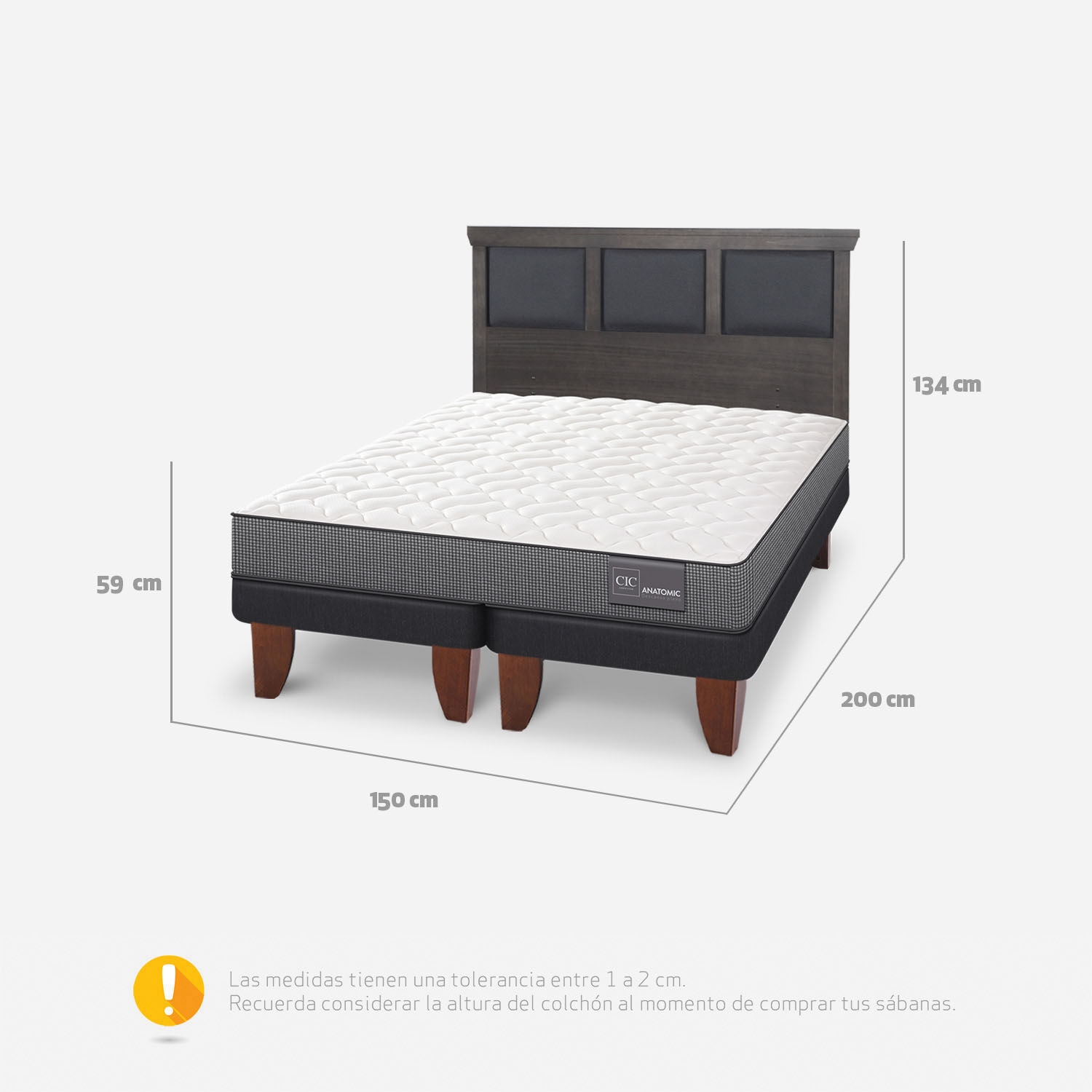 Cama Europea 2 Plazas Anatomic Base Dividida + Respaldo Torino Gris