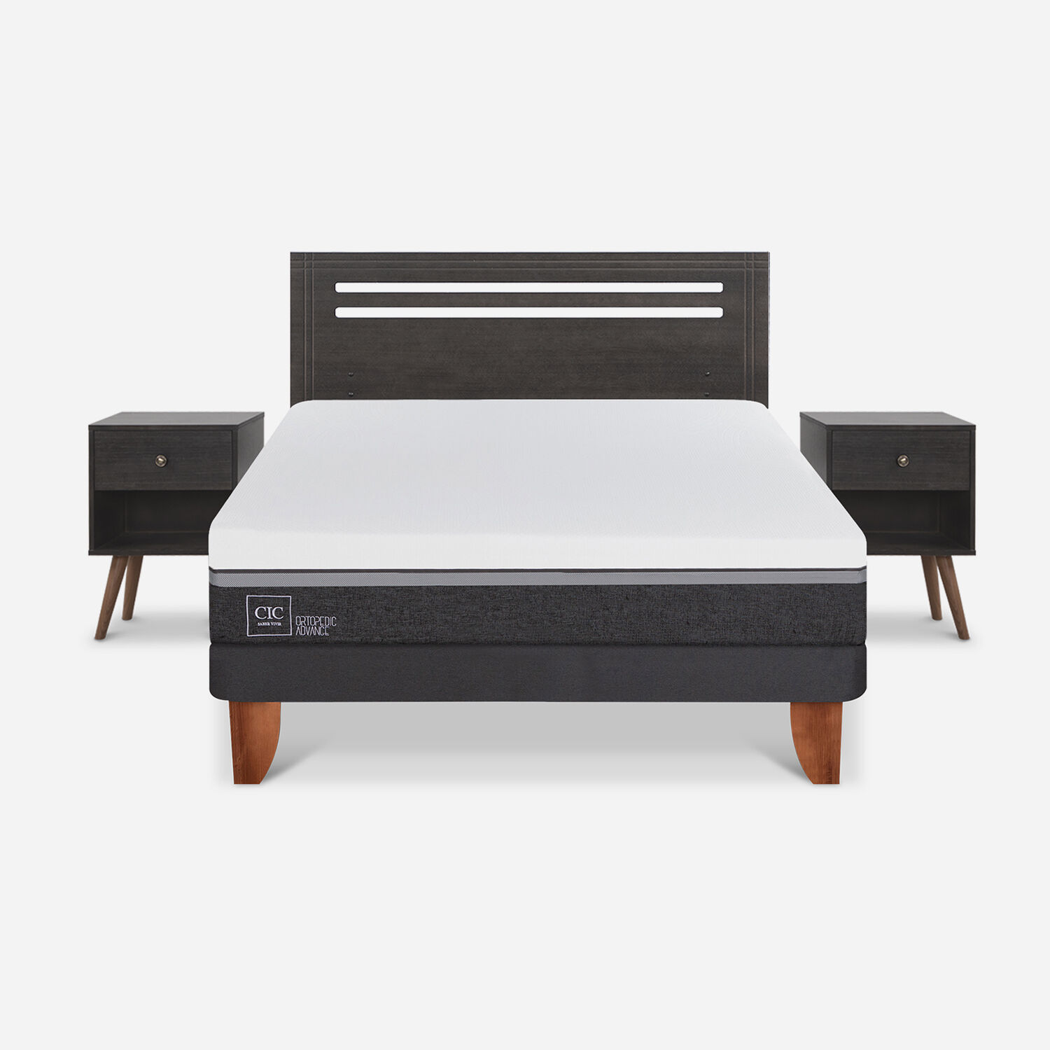 Cama Europea 2 Plazas Ortopedic Advance Base Normal + Set Múnich Gris