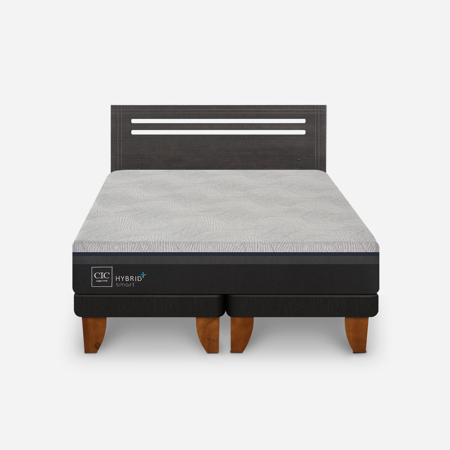 Cama Europea 2 Plazas Hybrid Plus Smart Base Dividida + Respaldo Munich Gris