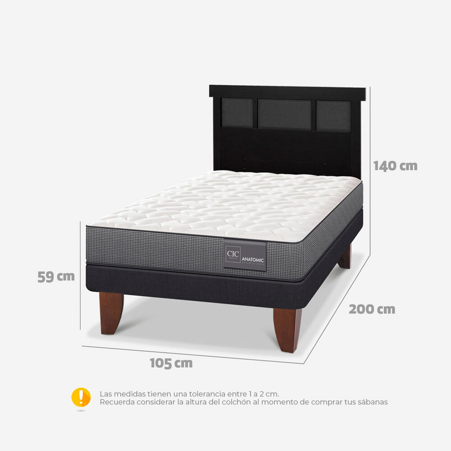 Cama Europea 1,5 Plazas Anatomic + Respaldo Dublín Negro