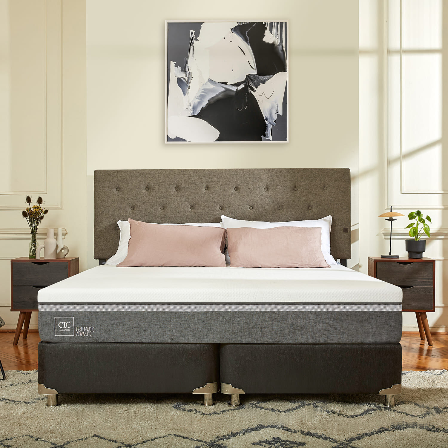 Box Spring King Ortopedic Advance 5 Zonas + Almohadas + Plum&oacute;n + Set Baker