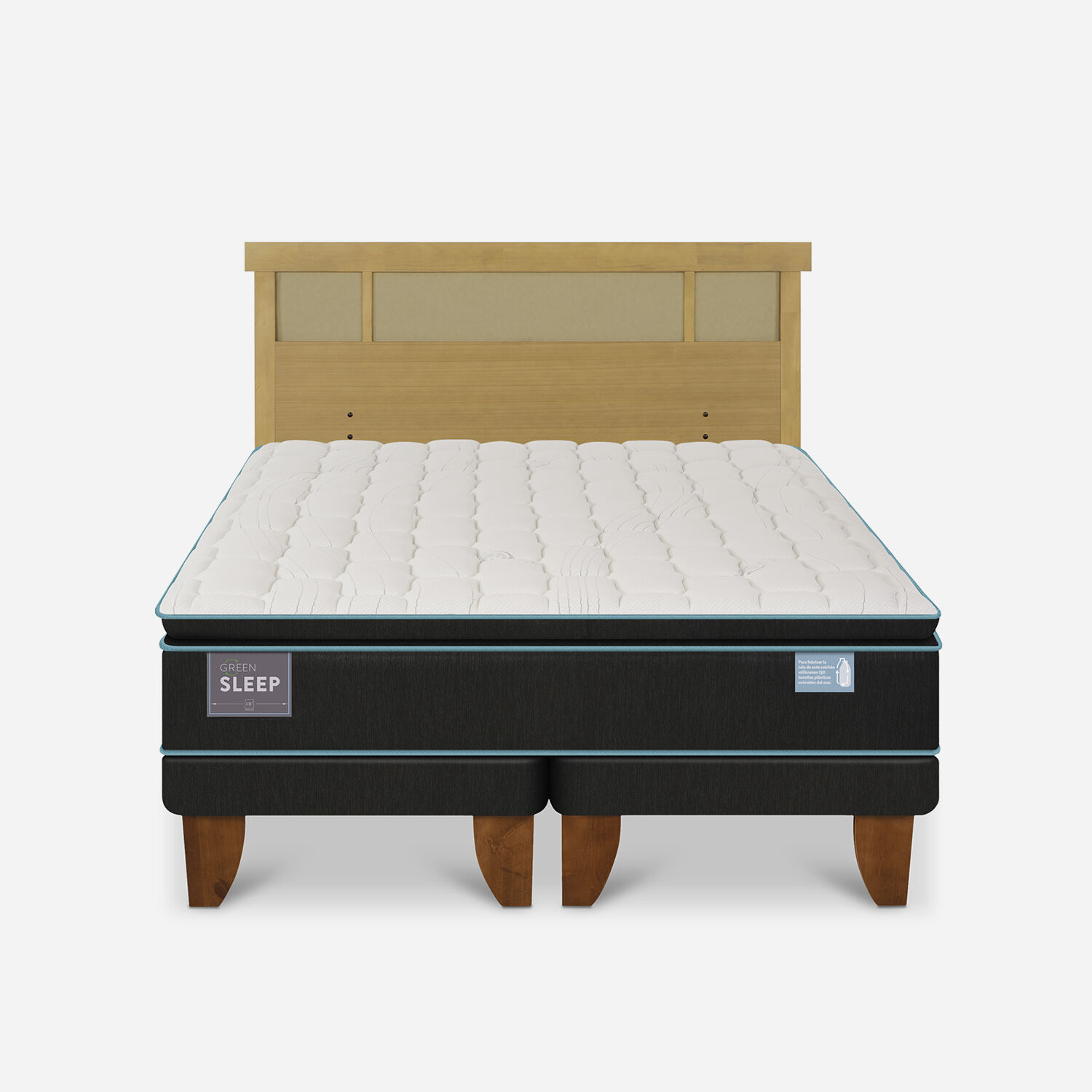 Cama Europea King Green Sleep + Respaldo Dubl&iacute;n Mostaza