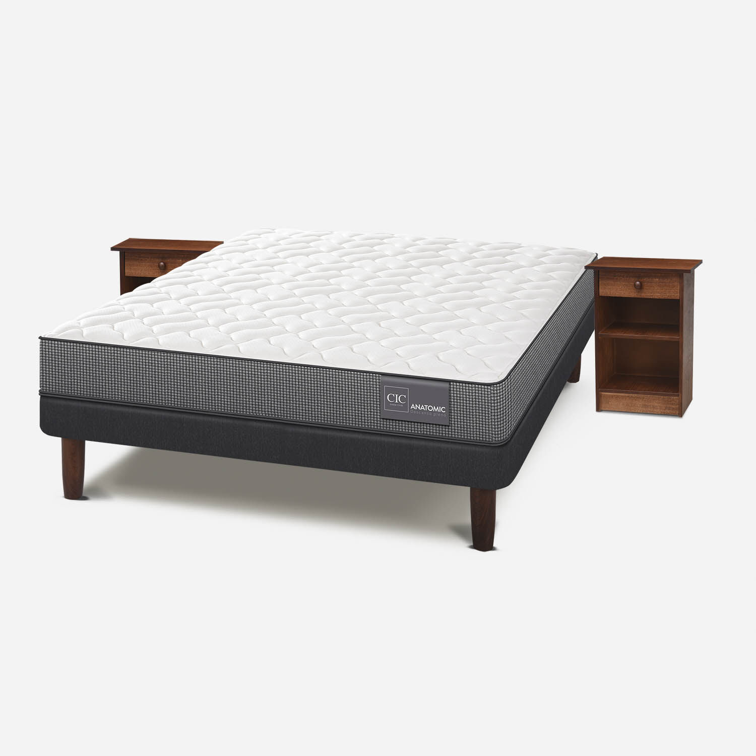 Cama Europea 2 Plazas Anatomic Base Normal + Veladores Dubl&iacute;n Caramel
