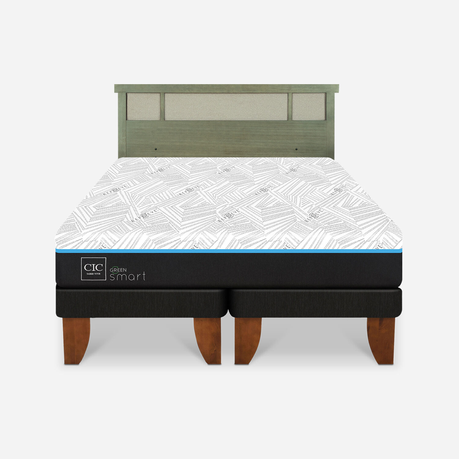 Cama Europea King Green Infinity + Respaldo Dubl&iacute;n Olivo