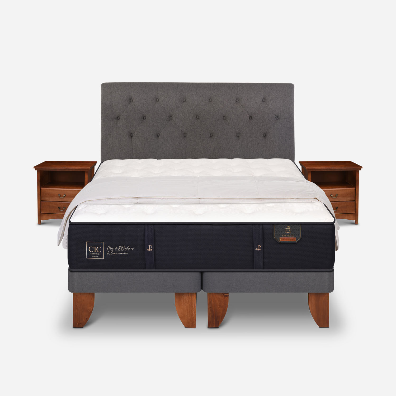 Cama Europea 2 Plazas Premium Base Dividida + Set Kaveri + Plum&oacute;n 15% Pluma de Ganso