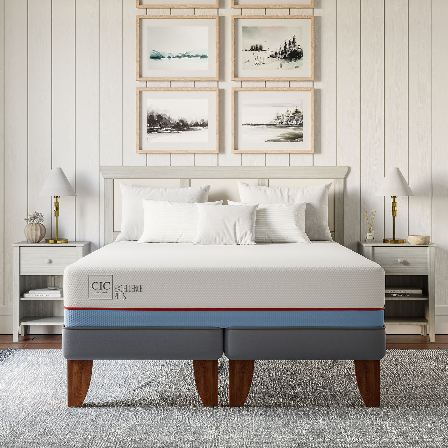 Cama Europea 2 Plazas Excellence Plus Base Dividida + Respaldo Dubl&iacute;n Mostaza