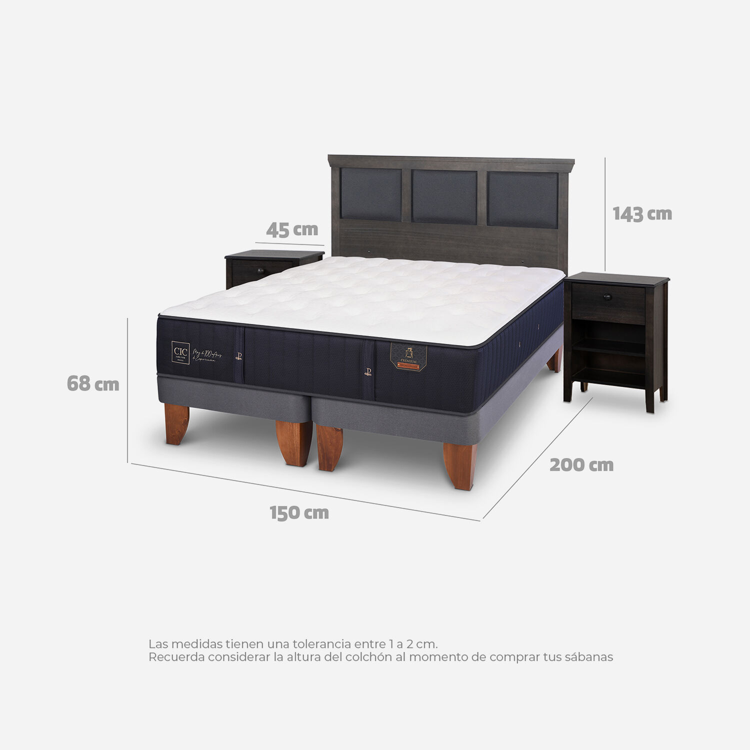 Cama Europea 2 Plazas Premium Base Dividida + Set Torino Gris