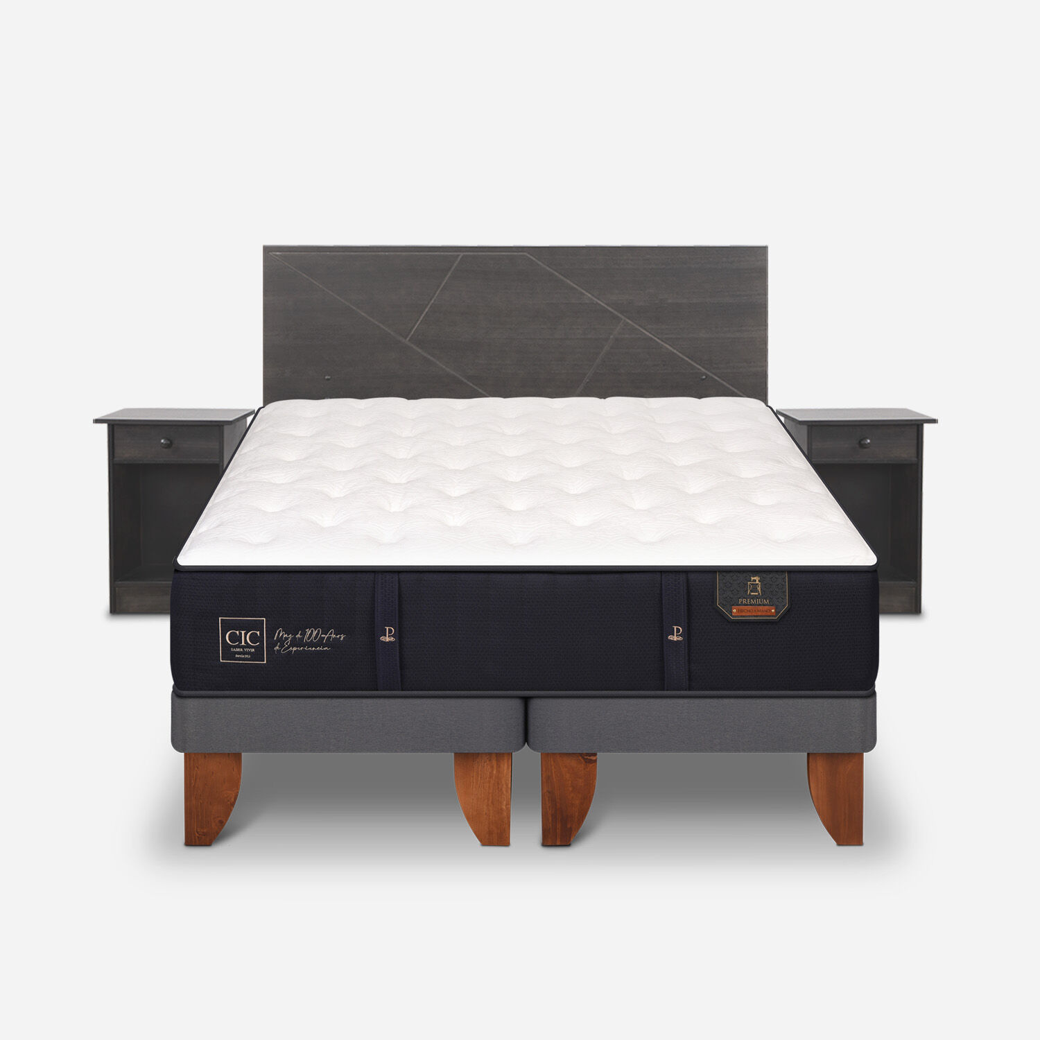 Cama Europea 2 Plazas Premium Base Dividida + Set Villarrica Gris