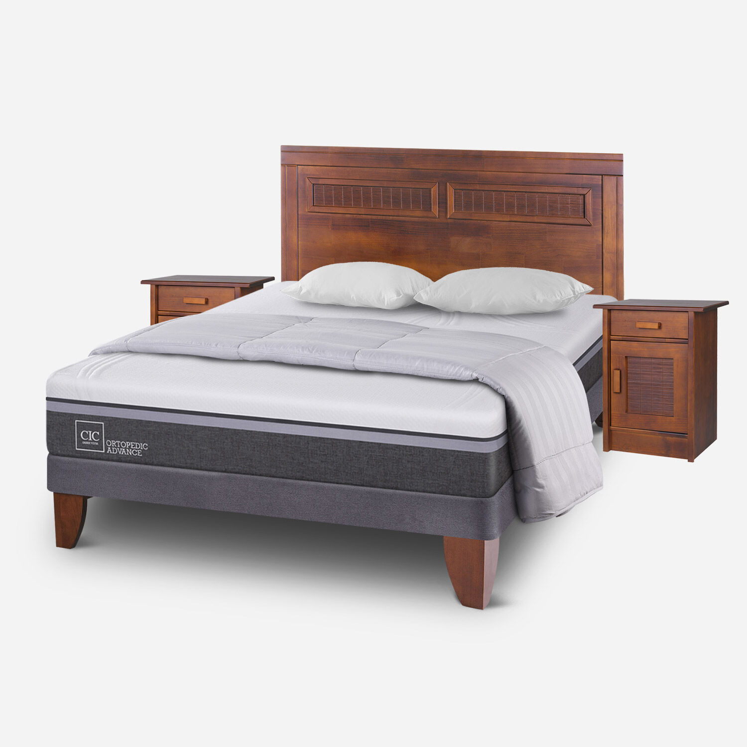 Cama Europea 2 Plazas Ortopedic Advance Base Normal + Set Milán Caramel + Almohadas + Plumón